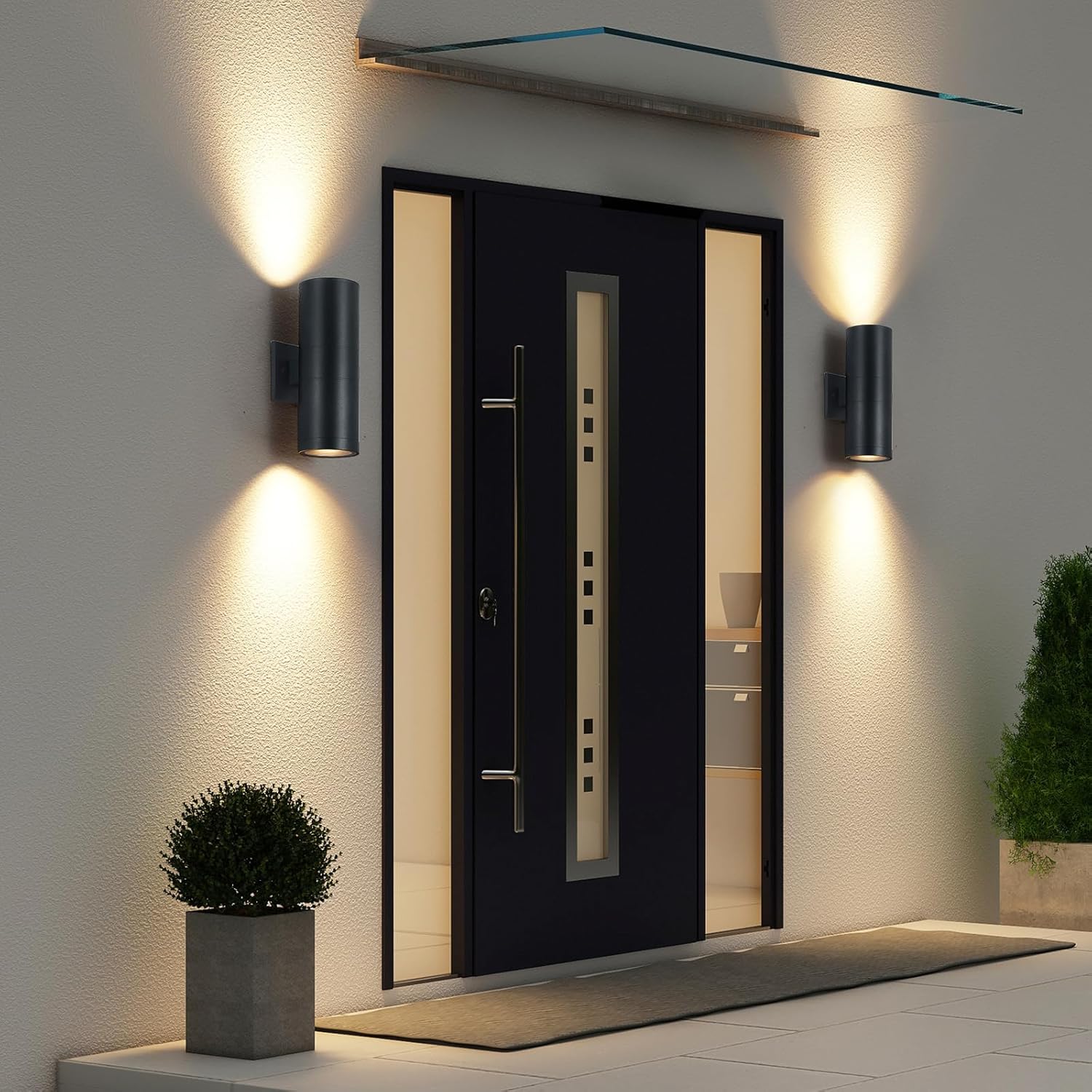 DUJAHMLAND Apliques de pared para exteriores, luces de pared exterior arriba y abajo, lámpara de pared moderna de aluminio negro mate, accesorios de
