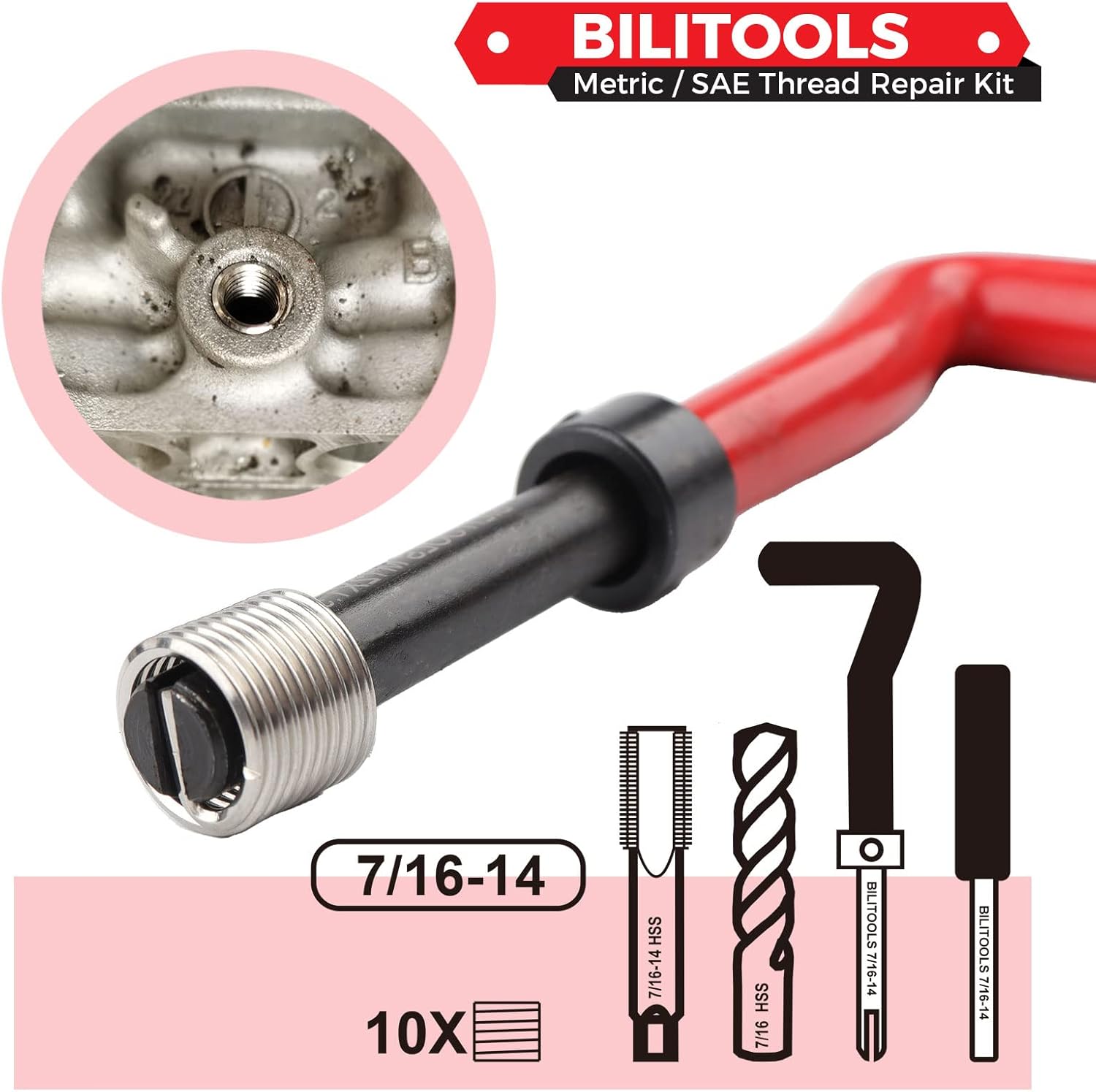 BILITOOLS Kit de reparación de roscas de 716-14 pulgadas, kit de reparación de helicoidales de taladro HSS SAE