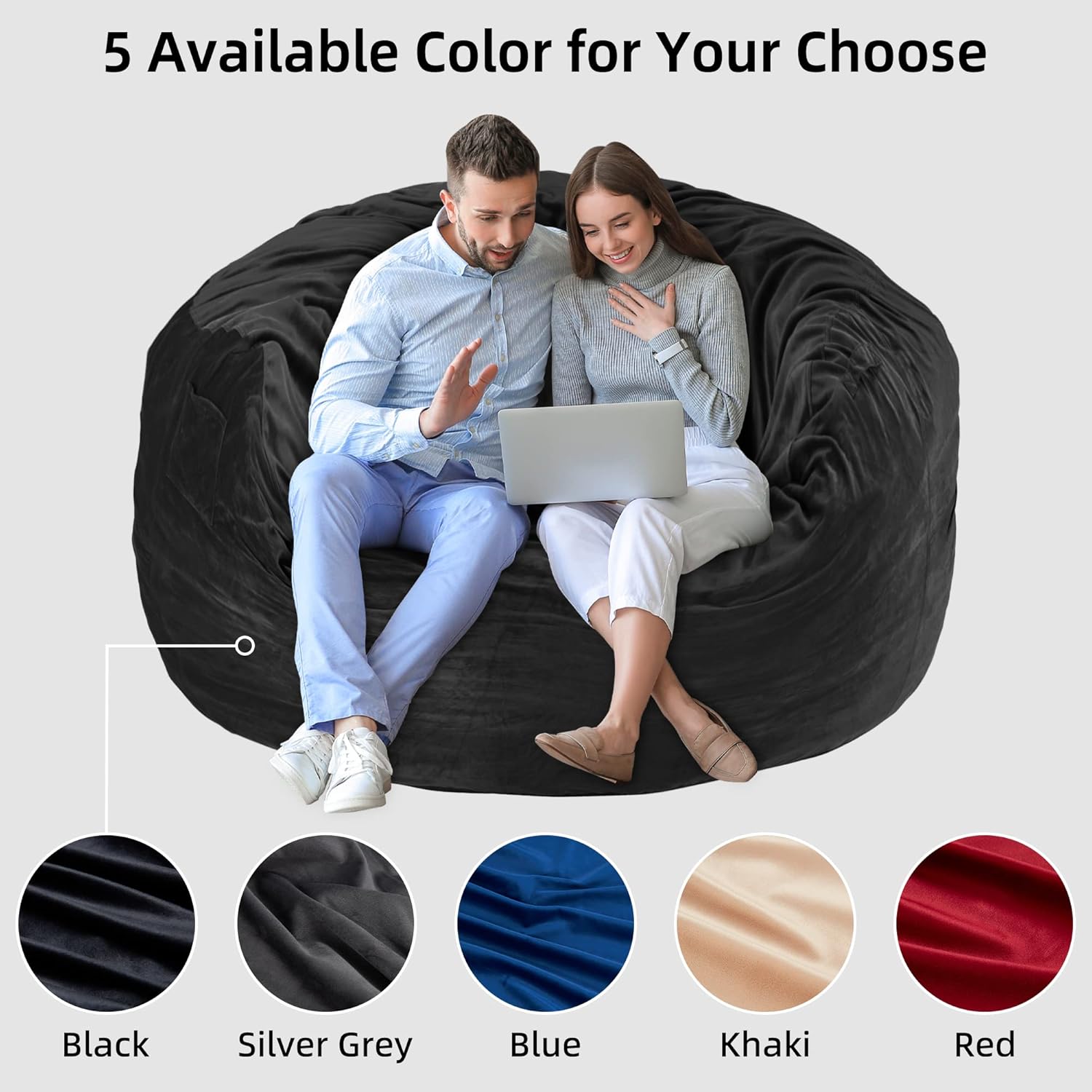 Puf gigante de 5 pies, relleno de espuma viscoelástica con funda de terciopelo, funda extraíble y lavable a máquina, puf para adultos, color negro