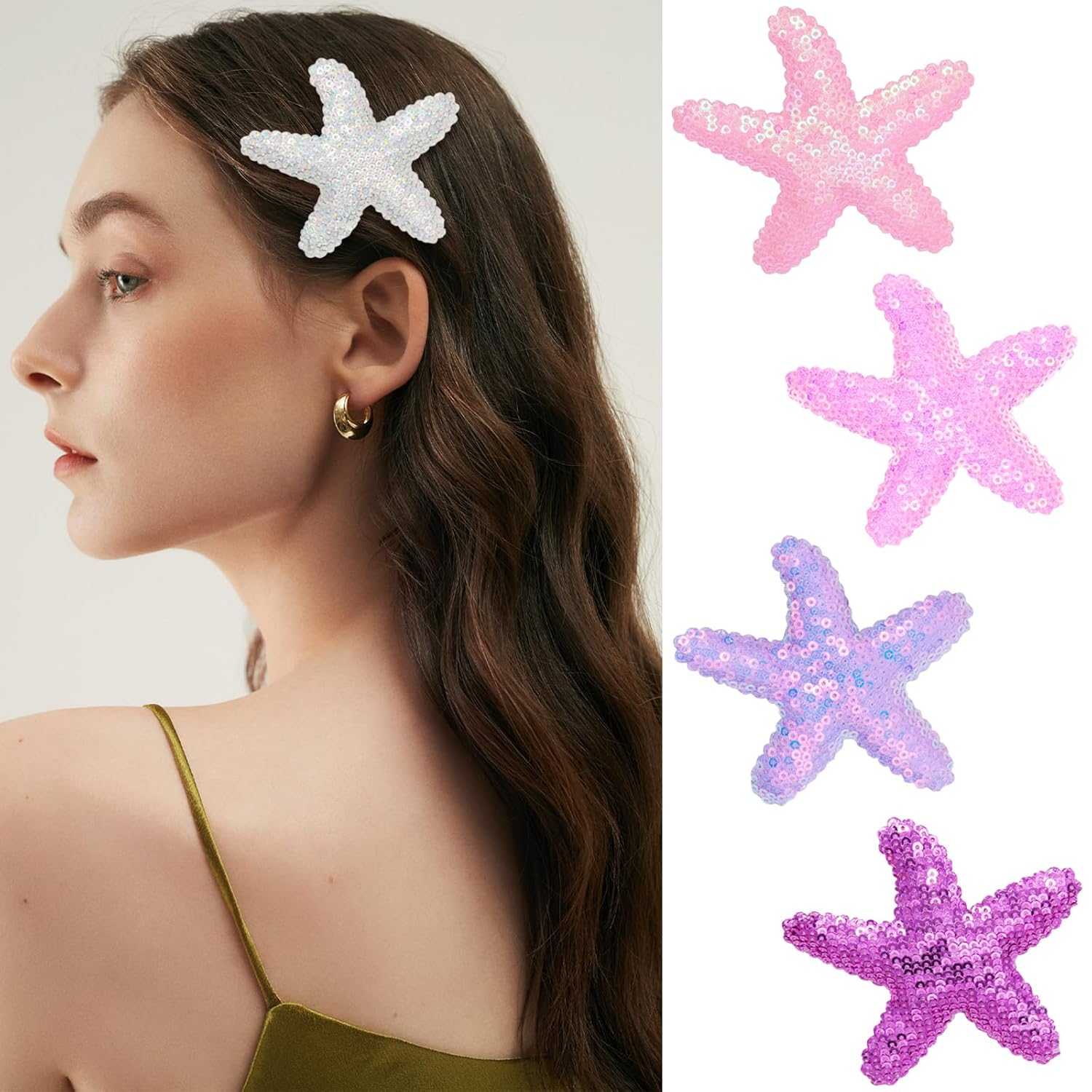 16 pinzas para el cabello con estrellas de mar, lentejuelas con purpurina y estrellas de mar, pasadores de pelo brillantes de cocodrilo, accesorios