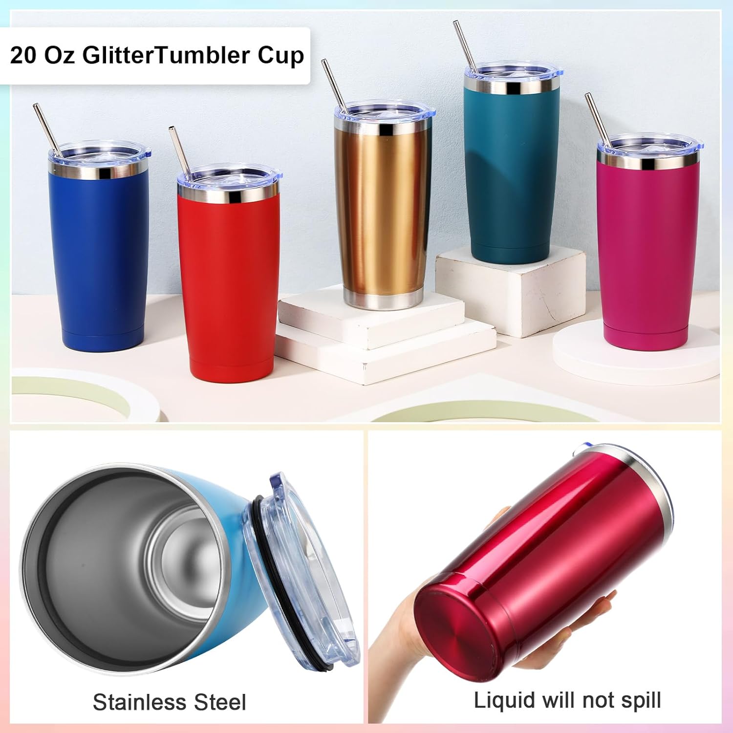 Zhehao Paquete de 50 vasos de café de viaje aislados a granel de 20 onzas, vaso de acero inoxidable con tapa, popote recubierto de polvo, vaso