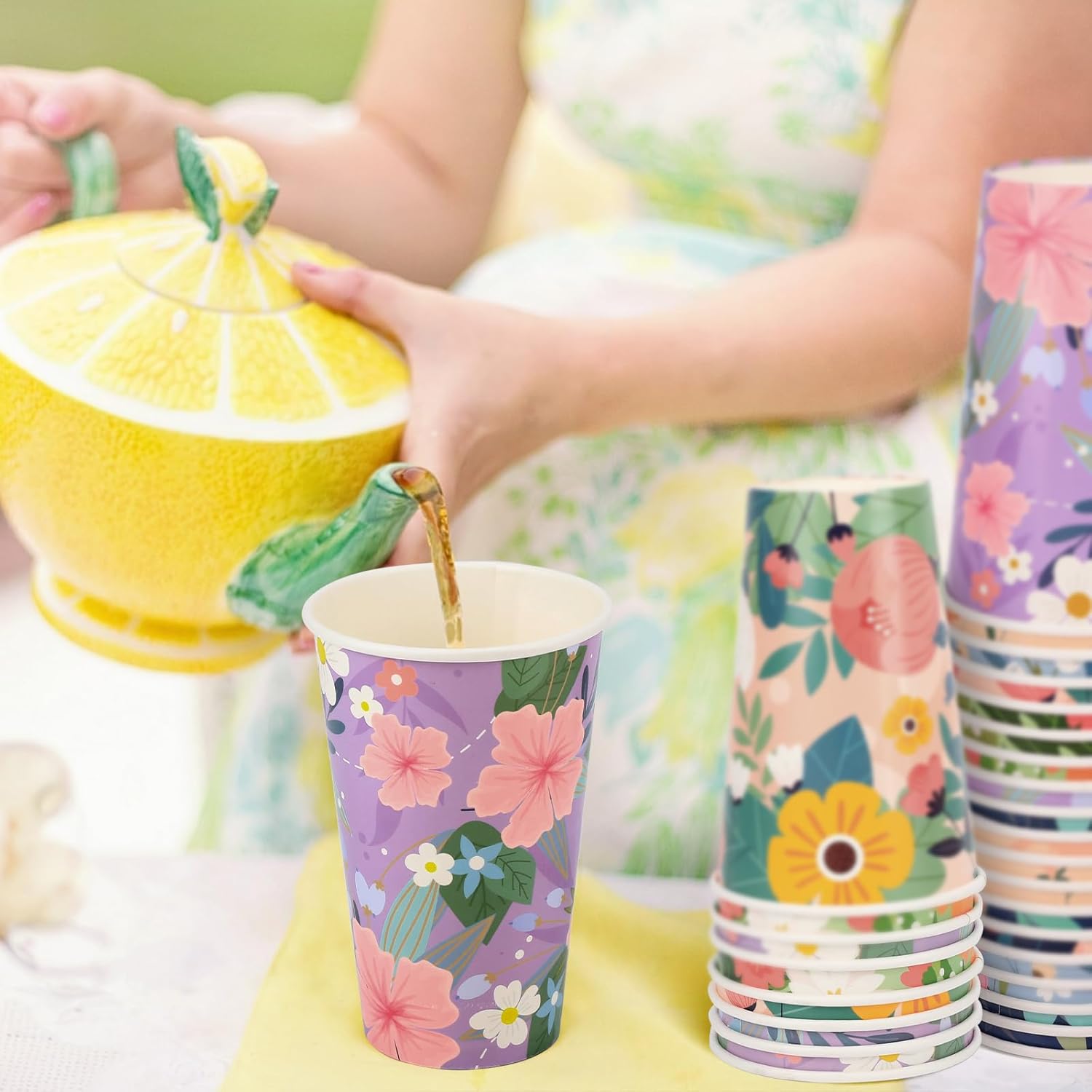 BYMIOYA Vaso de papel desechable de primavera de 16 onzas, 48 piezas con tapas, 6 tazas de papel para beber con diseño floral de primavera para