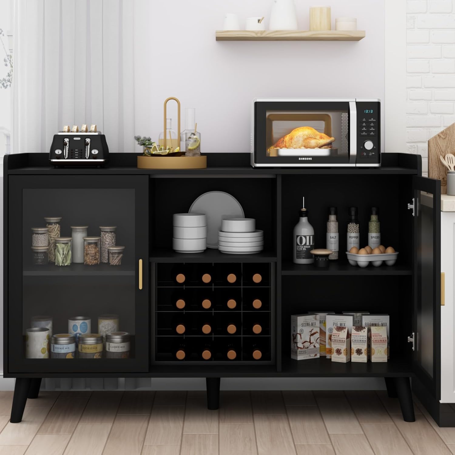 Loomie Armario de bar de vinos con luz LED, gabinete de café para el hogar con estante para vino y soporte para vidrio, aparador de cocina con