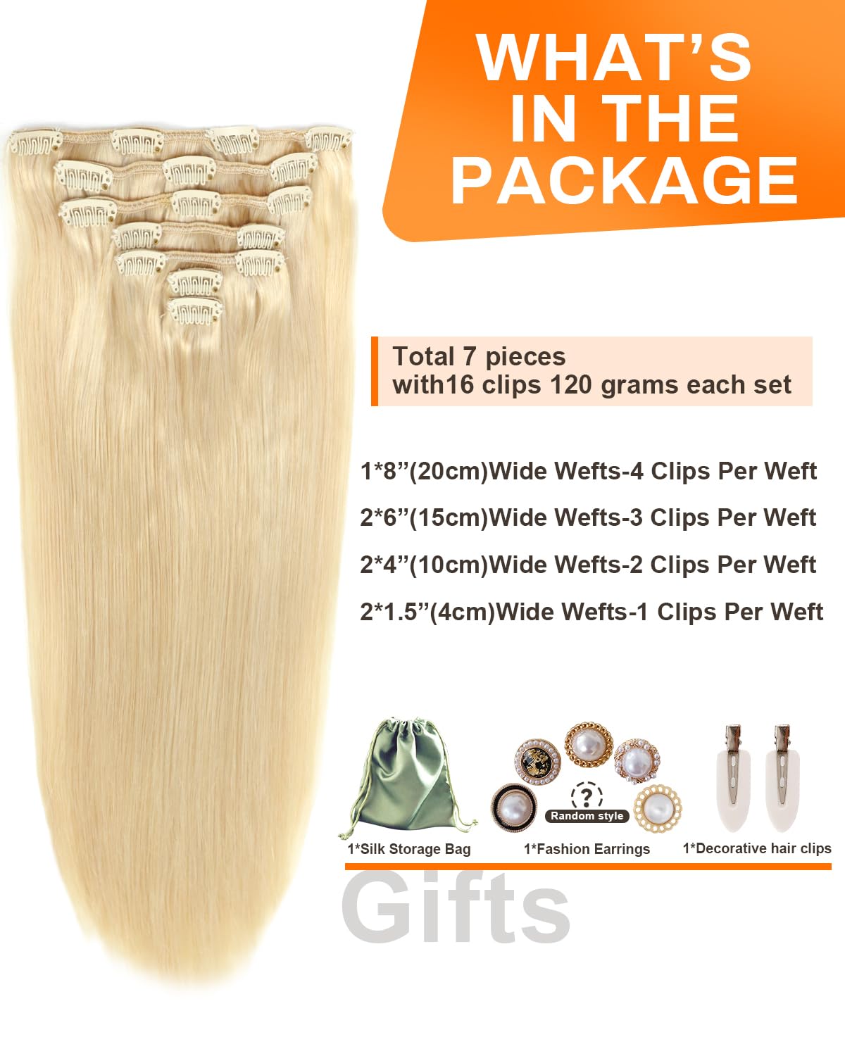 Missme Extensiones de cabello humano real con broches, 18 pulgadas, 4.23 oz, 7 unidades, 16 clips, 100 % cabello humano real rubio platino para mujer