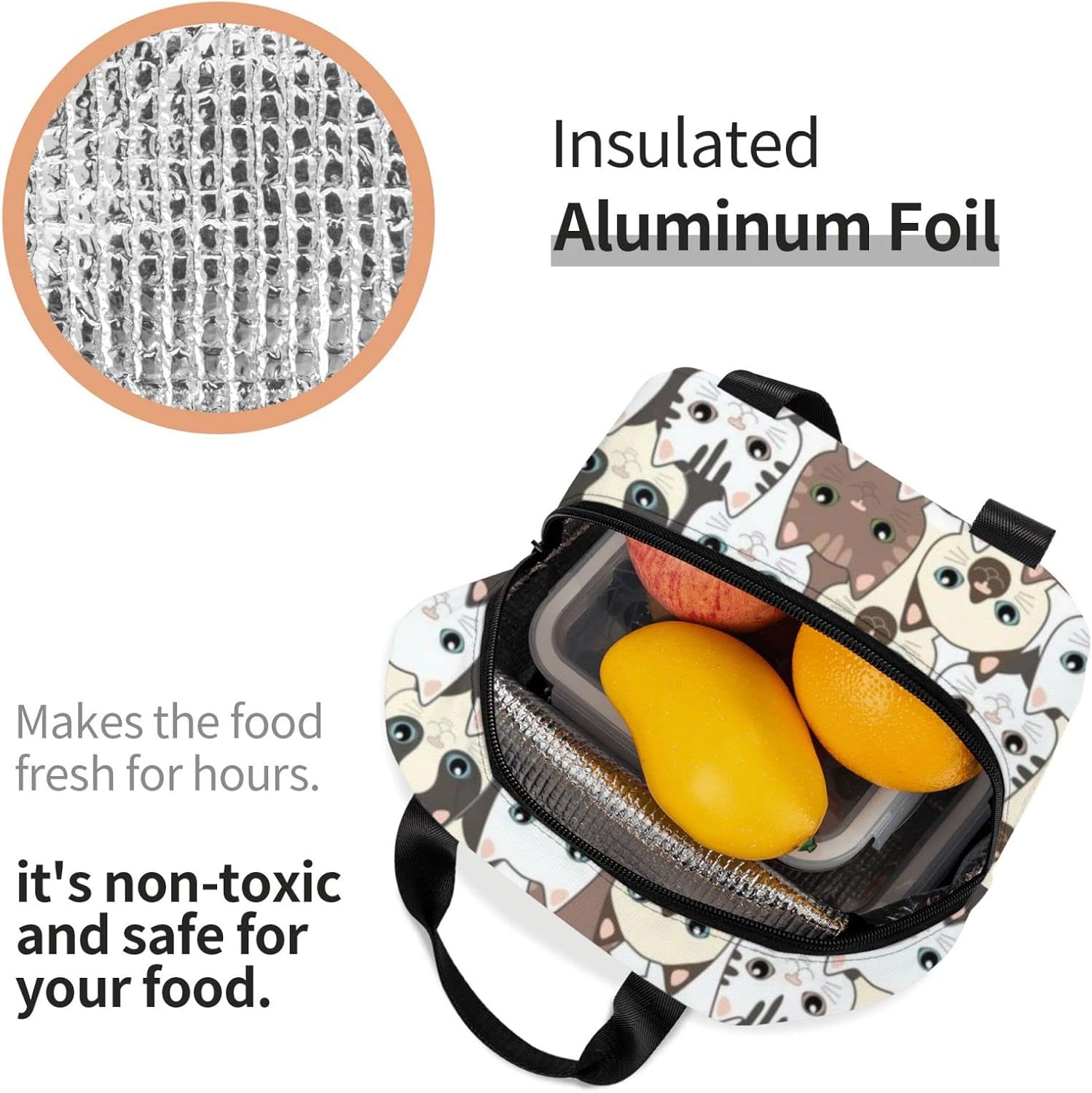 Giwawa Bolsa de almuerzo aislada con lindo gato, adorable gatito impreso en bolsa de almuerzo para mujeres, hombres, niños, niñas, escuela, oficina,