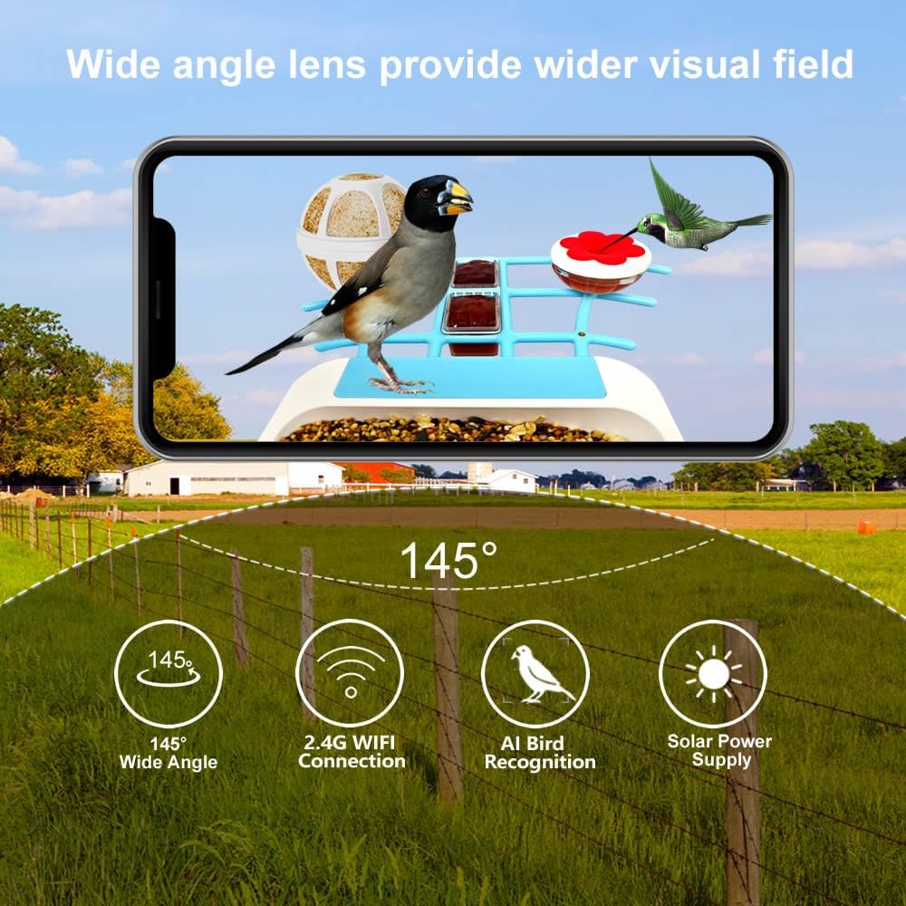 Comedero inteligente para pájaros con cámara alimentada por energía solar, video en vivo HD de 1080P y reproducción en teléfono, identificación AI