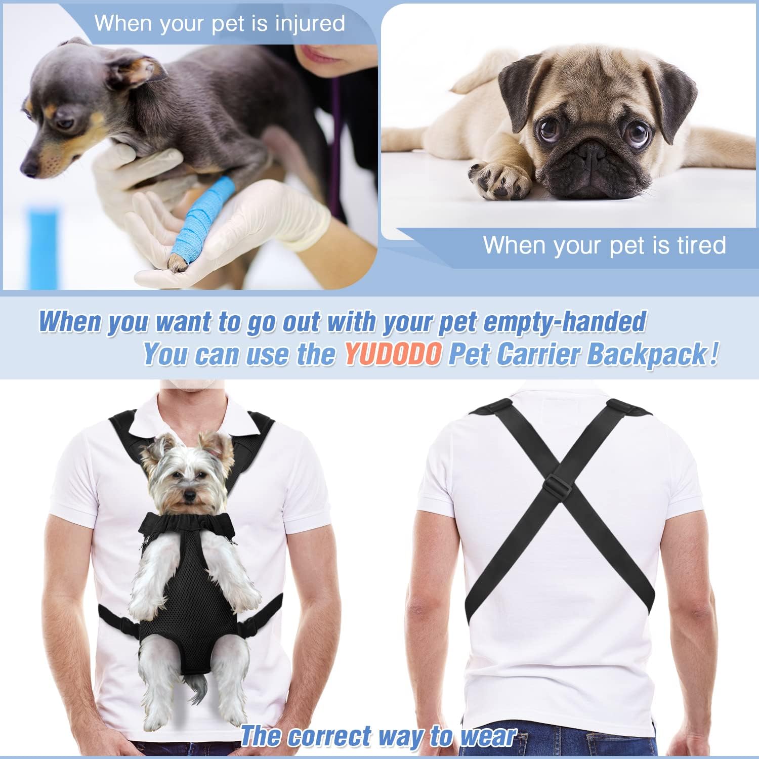 YUDODO Mochila transportadora para perros y mascotas, ajustable, con patas hacia afuera, mochila de viaje para perros de fácil ajuste para