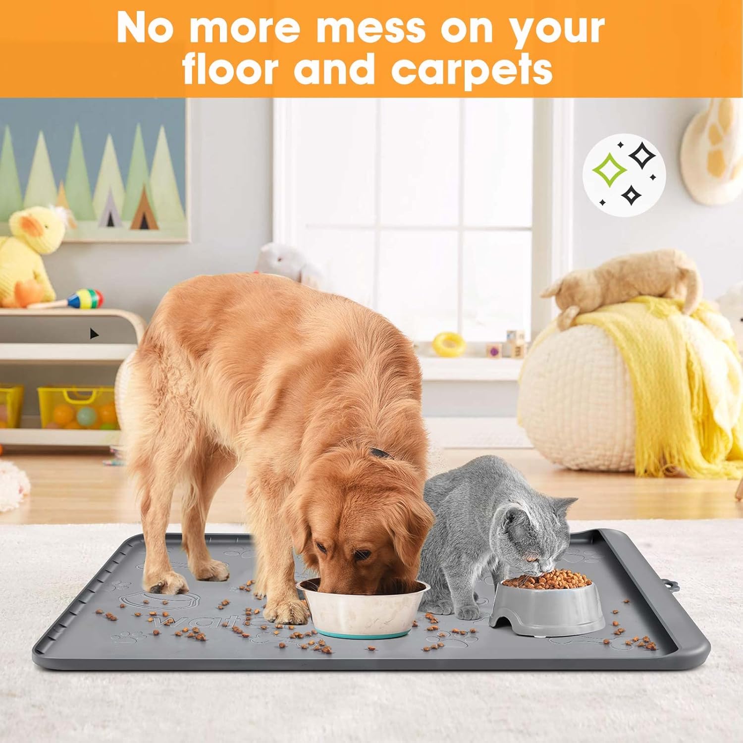 Tapete de comida para perros con bolsillo, tapete de silicona impermeable para alimentos y agua, 36 x 24 pulgadas, tapete de alimentación extra