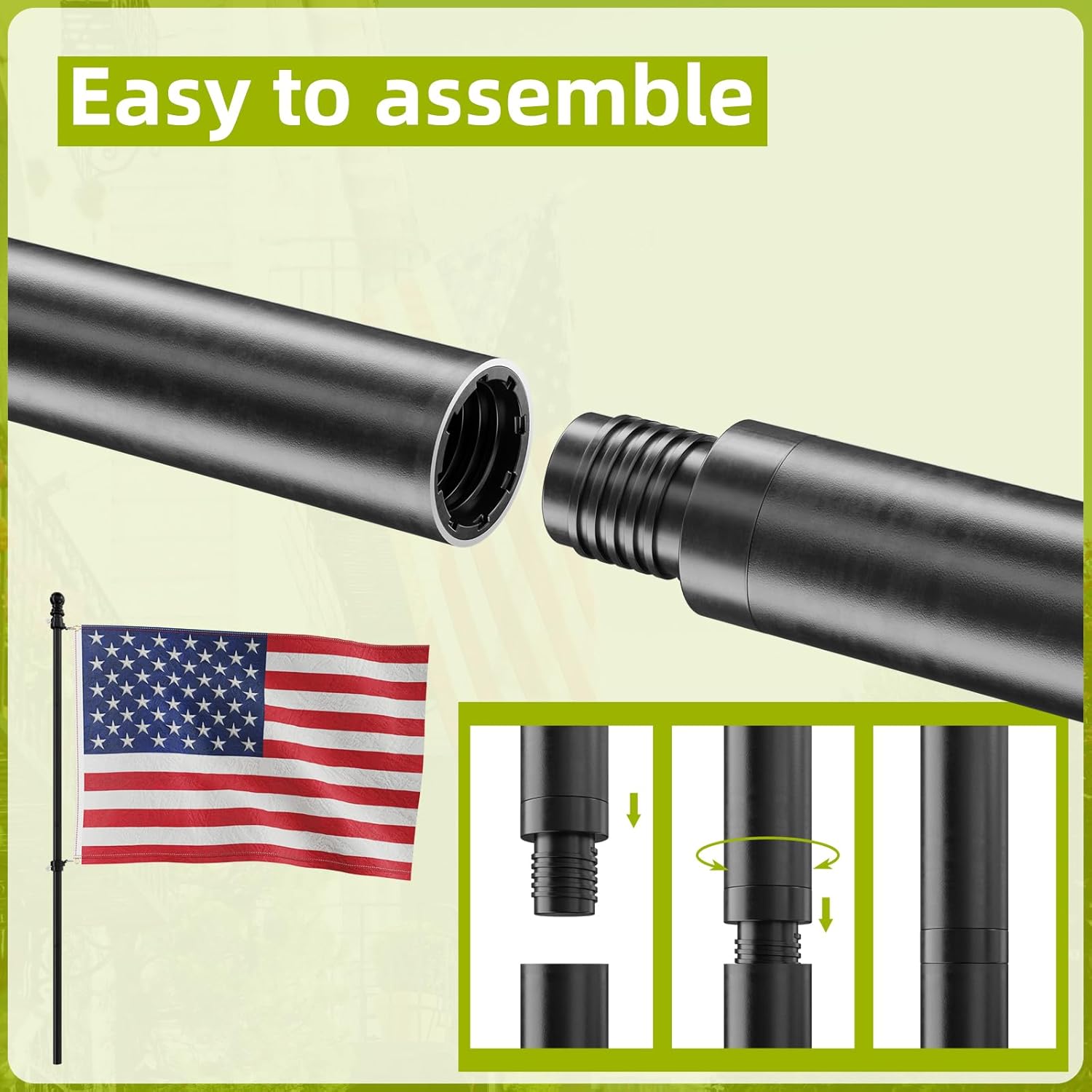 FFILY Mástiles de bandera de 5 pies para banderas de 3 x 5 para exteriores, mástil de bandera para exteriores con anillos de asta de bandera sin