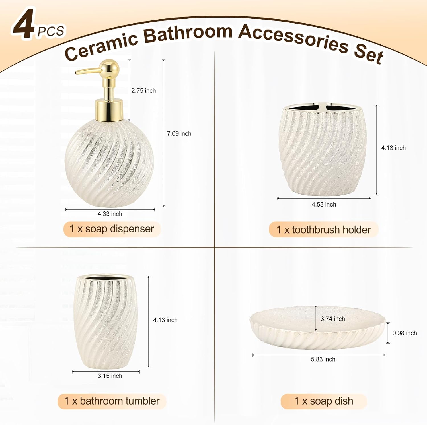 Vidalenta Juego de accesorios de baño, juego esencial de baño de cerámica de 4 piezas con soporte para cepillo de dientes, dispensador de jabón,