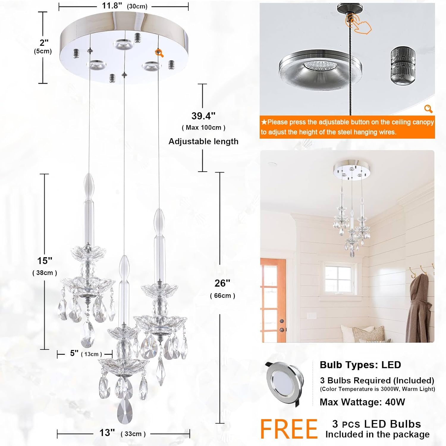 Moderno portavelas de acero inoxidable con 3 luces K9 de cristal de lujo con acabado cromado, lámpara de techo para sala de estar, comedor,