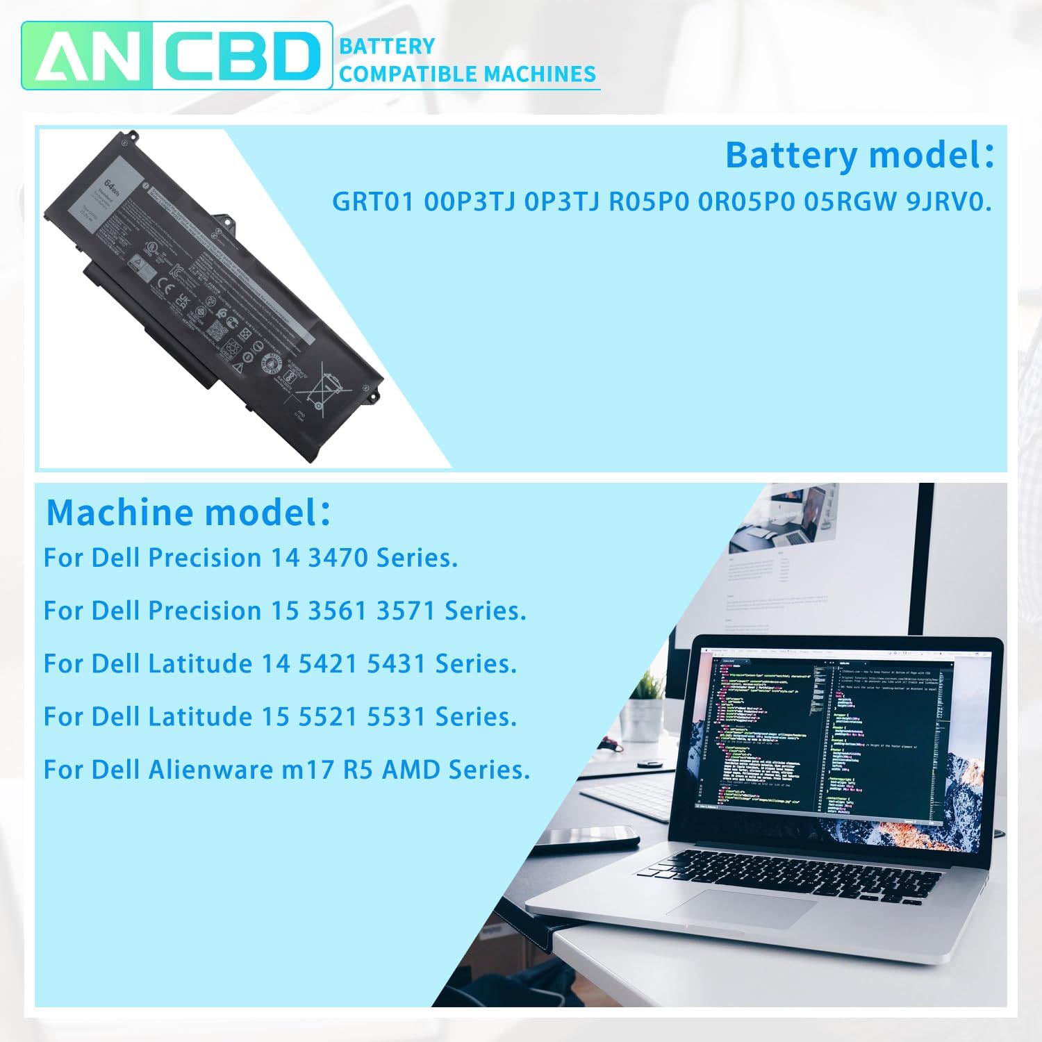 GRT01 – Batería de repuesto para laptop Dell 3561 3470 3571 Alienware m17 R5 AMD Latitude 5421 5431 5521 5531 Precisión 00P3TJ 0P3TJ 0R05P0 R05P0