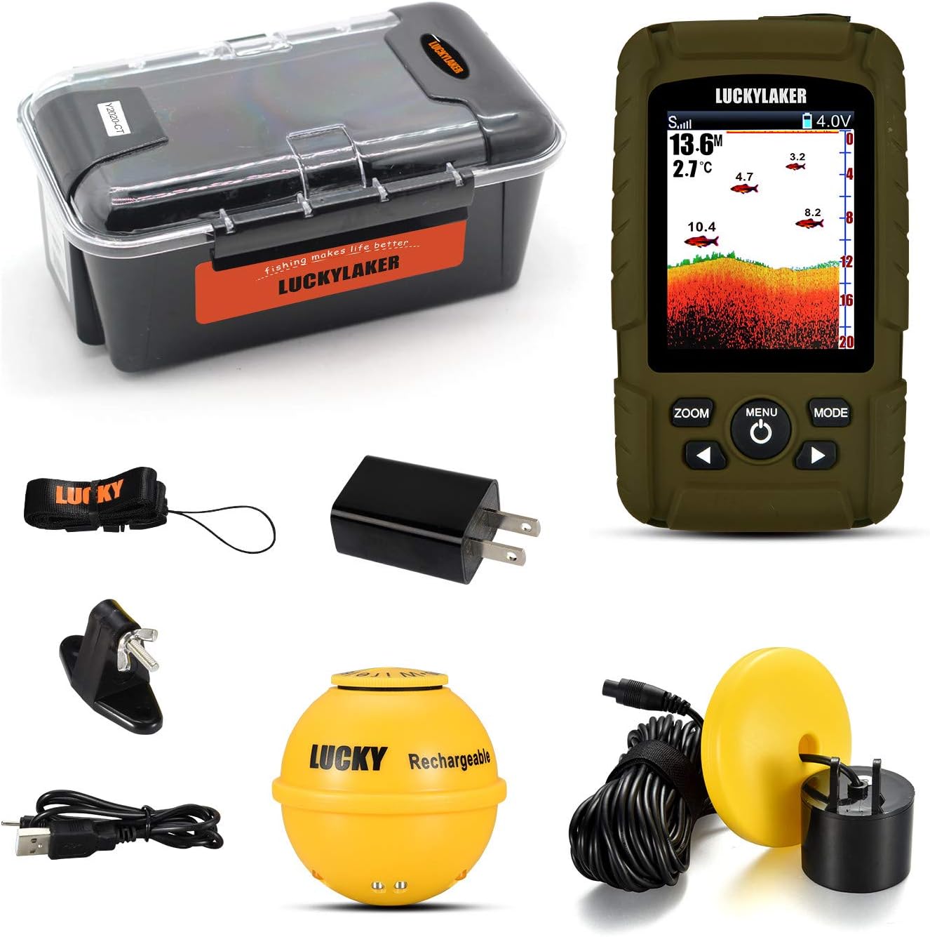 LUCKY Buscador de peces inalámbrico de mano para barco, transductor con cable, sensor sonar, impermeable, portátil, buscadores de profundidad para