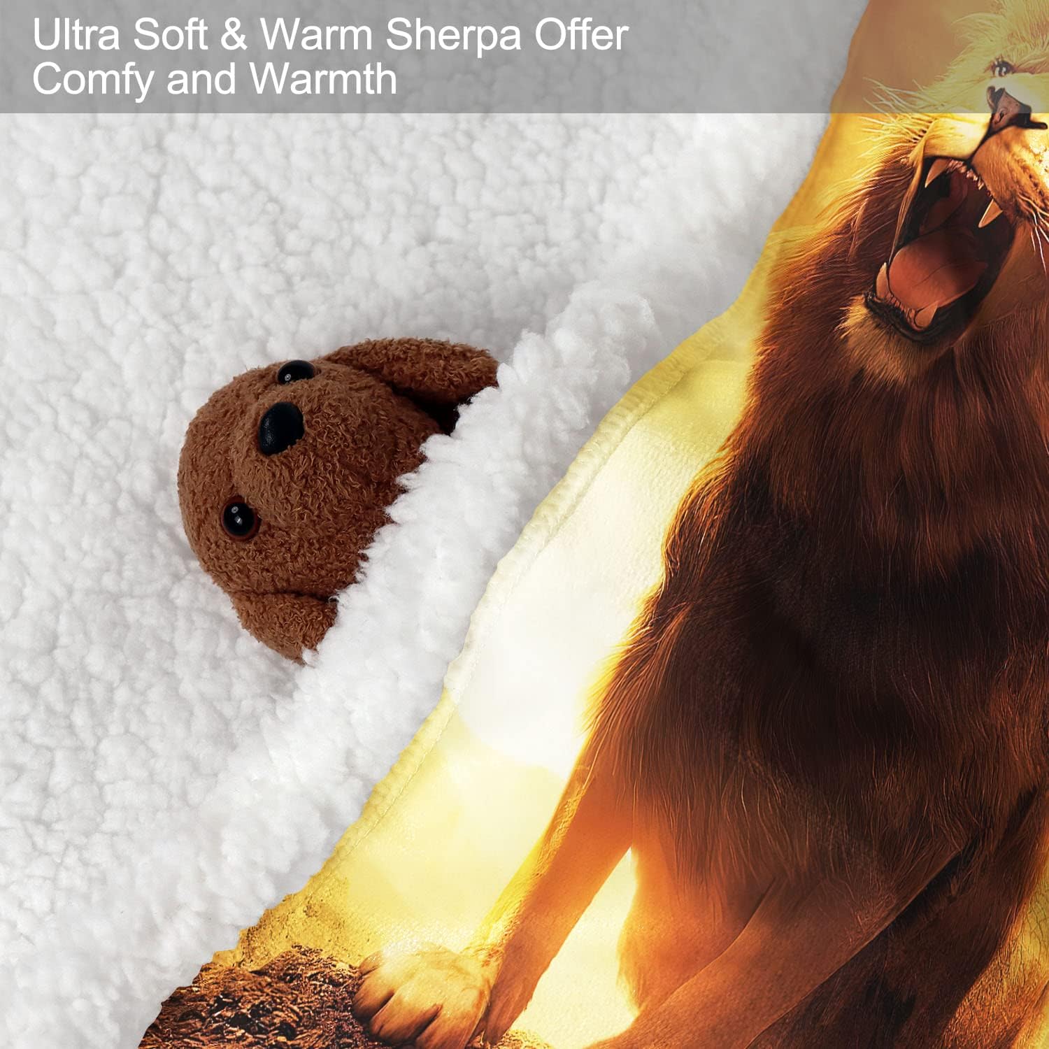 Manta Sherpa de león rugiente de 50 x 60 pulgadas, manta de sherpa con estampado de animales, manta súper suave y mullida de forro polar grueso y