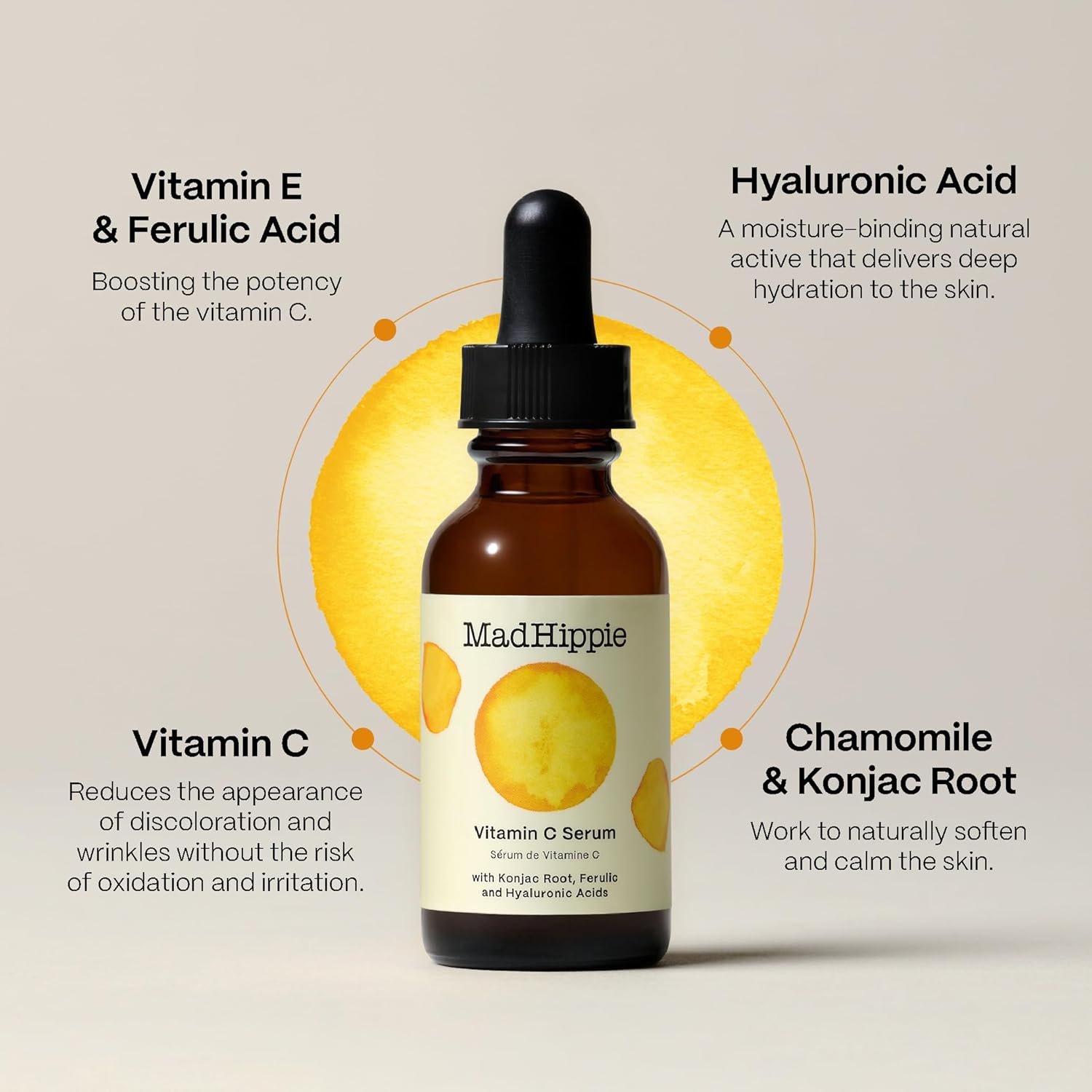 Mad Hippie Suero de vitamina C para la cara con ácido hialurónico, vitamina E y ácido ferúlico, suero facial con vitamina C para mujereshombres,