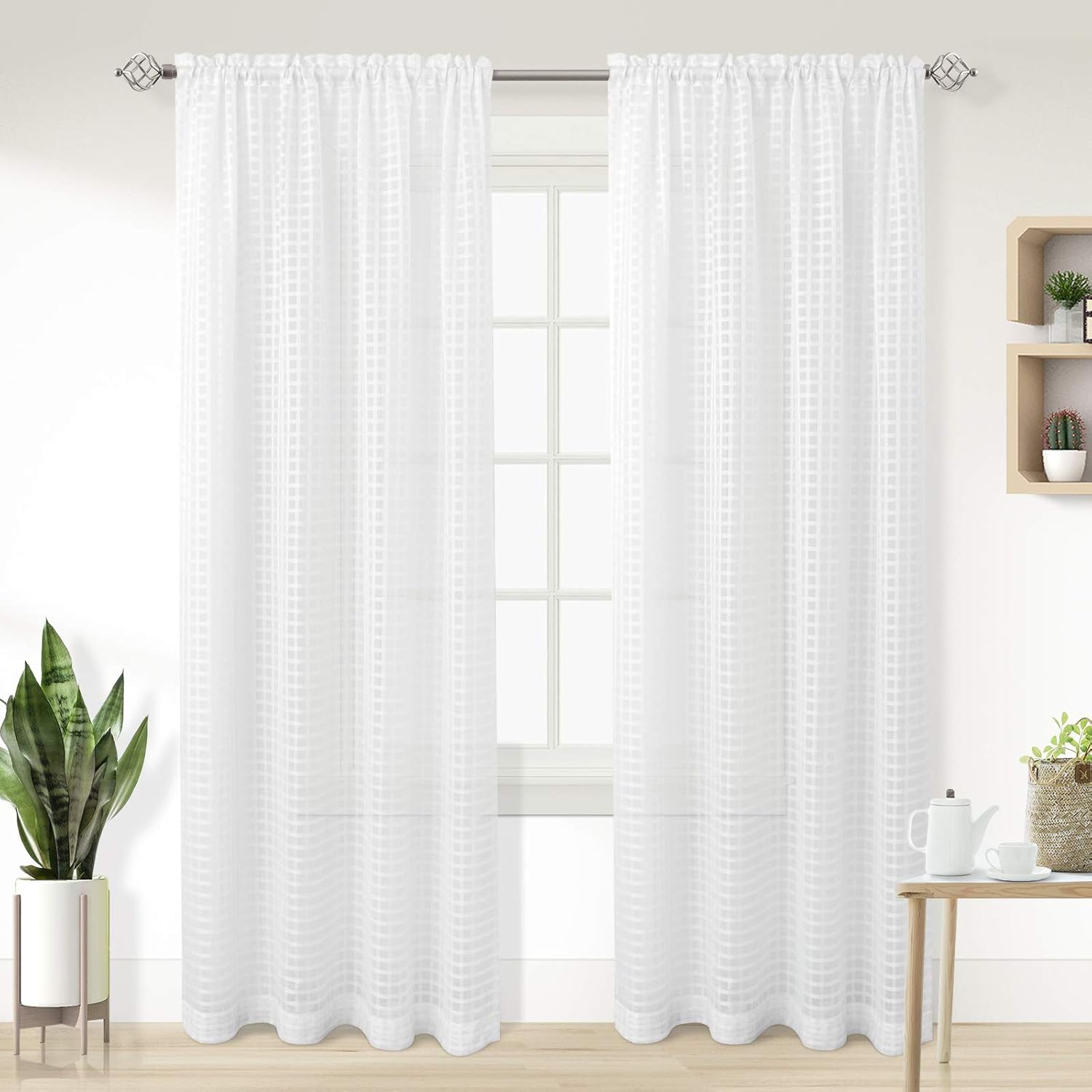 Melodieux Cortinas traslúcidas blancas con textura de algodón de 96 pulgadas de largo para sala de estar, cortinas de gasa con bolsillo para barra,