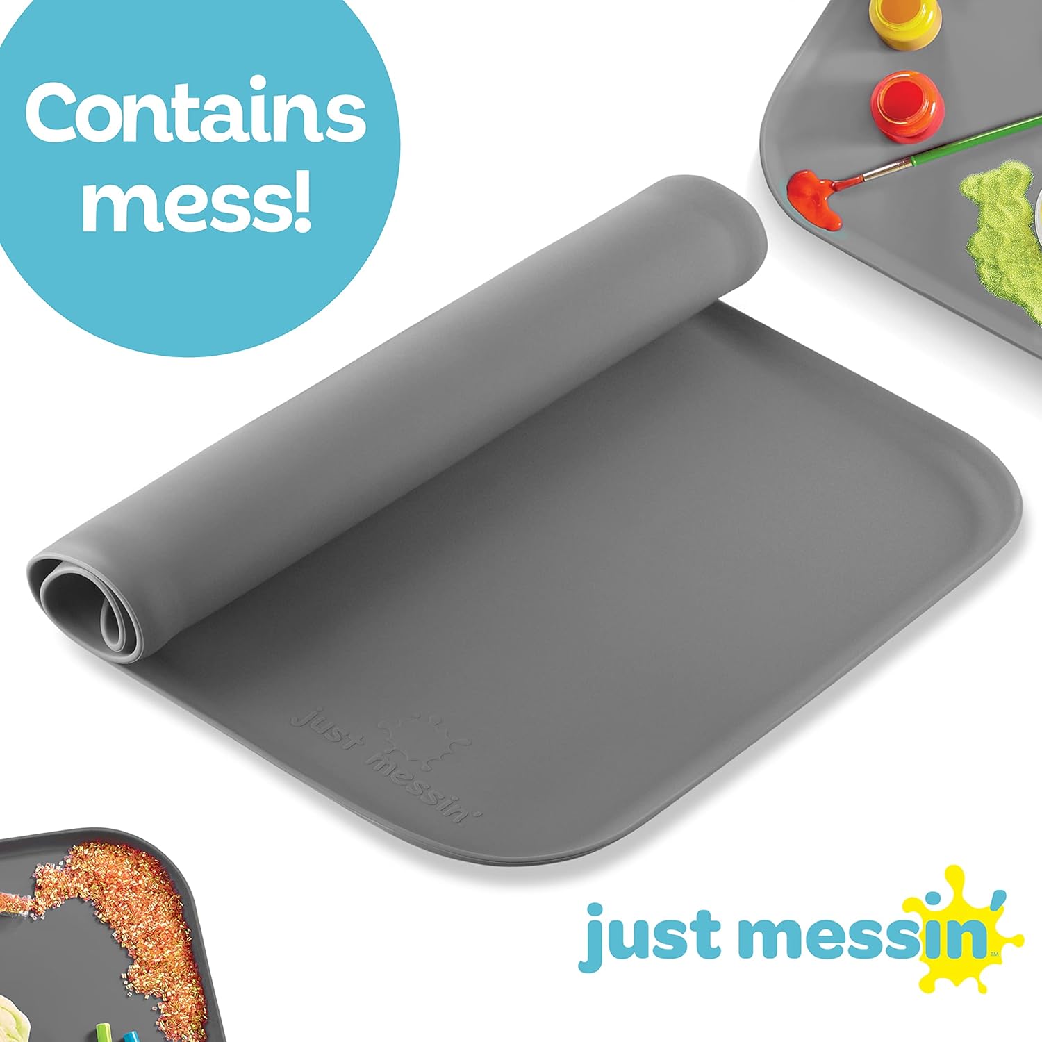 Just Messin’ Tapete de silicona para manualidades, resina, pintura, limo y joyería, protector de mesa multiusos con lados elevados para contener el