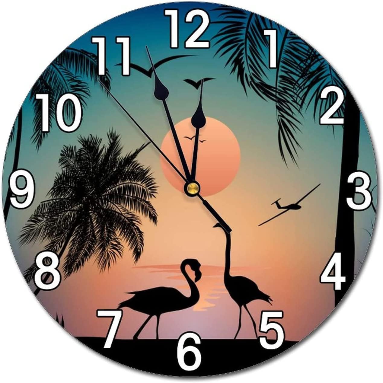 Flamingos Walk on the Sea Beach – Reloj de pared con pilas, reloj redondo silencioso para decoración de pared para el hogar, oficina, escuela, 12
