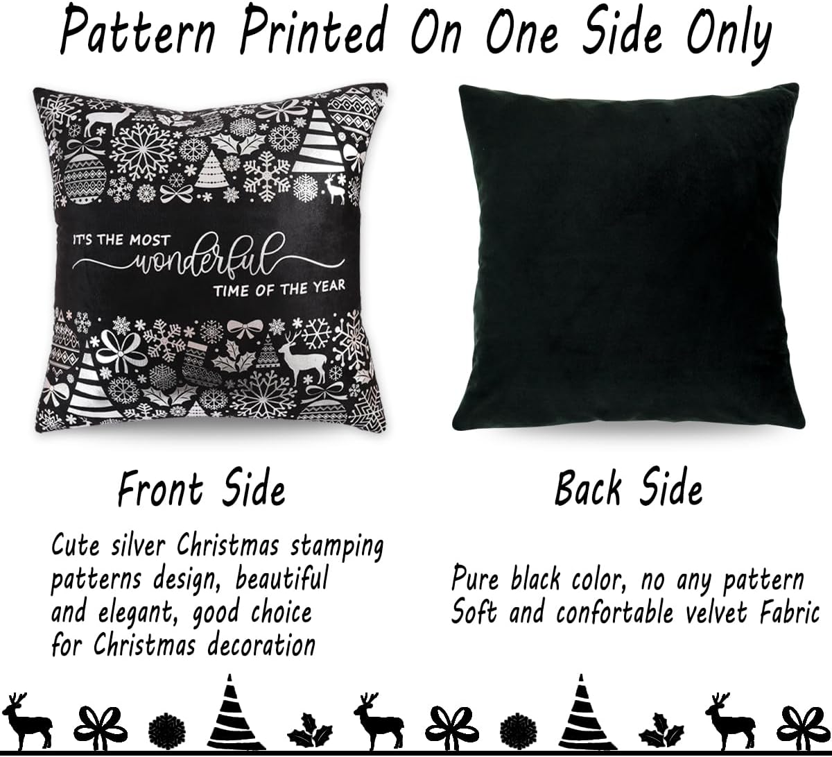 Juego de 4 fundas de almohada navideñas negras y plateadas de 18 x 18 pulgadas, decoración de Navidad plateadas y negras, almohadas decorativas de