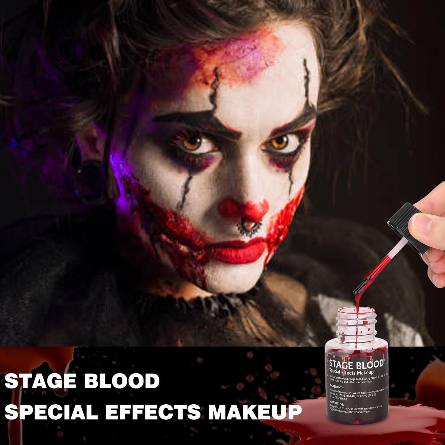Sangre falsa de escenario, 2.2 oz de sangre falsa comestible efecto realista, maquillaje de sangre pegajosa para ojos, goteos, dientes, boca, nariz,