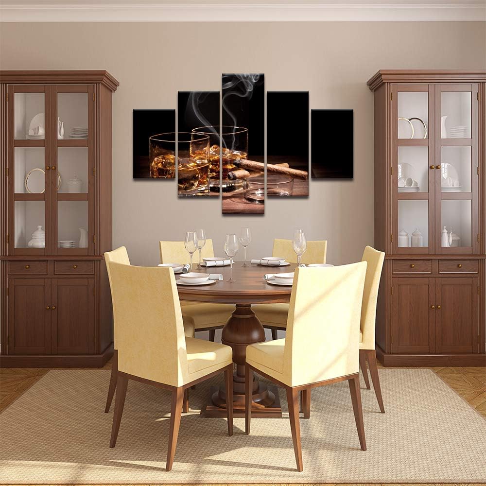 Lienzo decorativo para pared, pintura de cigarros y vino, copa de vino, whisky, cigarrillo, imagen, 5 paneles, licor bodegón, pósters, impresiones