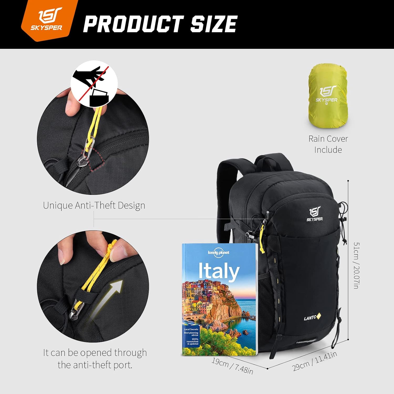 SKYSPER Mochila de senderismo 30L resistente al agua, paquetes de día para viajes, campamento al aire libre, hombres y mujeres, Lantc30-black, 30L,