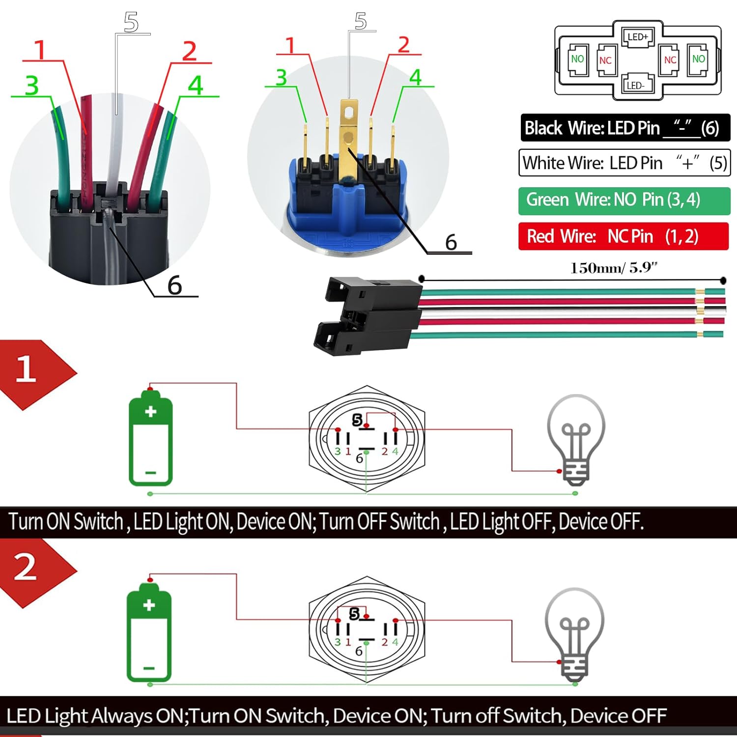 ZJWZJH Interruptor de botón de 0.866 in, 78 pulgadas, con pestillo, 110 V, 120 V, CA, orificio de montaje 1NO 1NC SPDT para encendido y apagado,