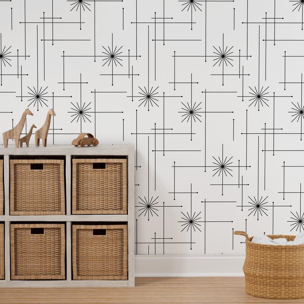 Spoonflower Papel tapiz para despegar y pegar, diseño geométrico de mediados de siglo, moderno, negro, blanco, monocromático, minimalista,