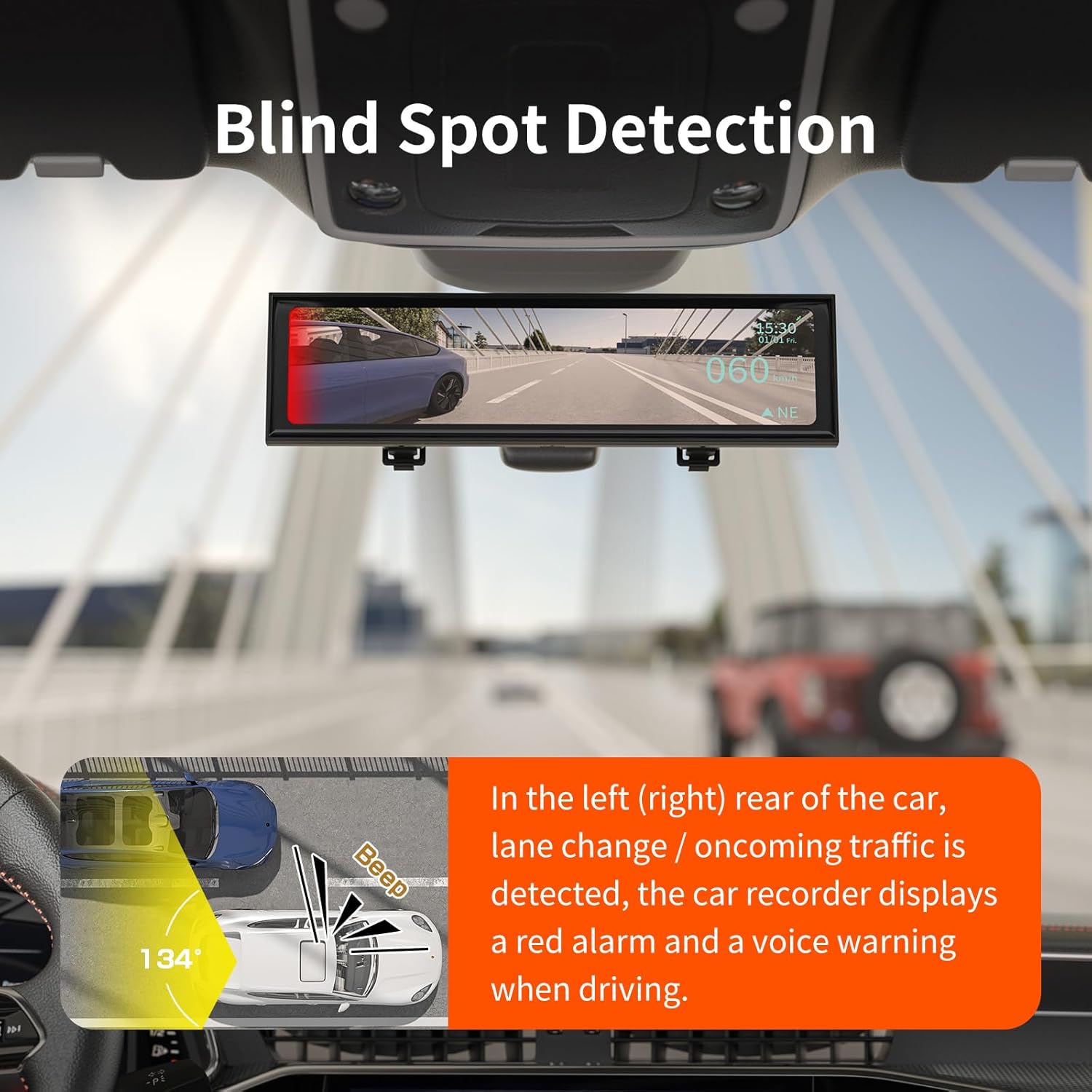 Cámara de espejo retrovisor de visión nocturna con lente de apertura F1.0, radar de visión AI, BSD HDRWDR, pantalla táctil inteligente espejo Dash