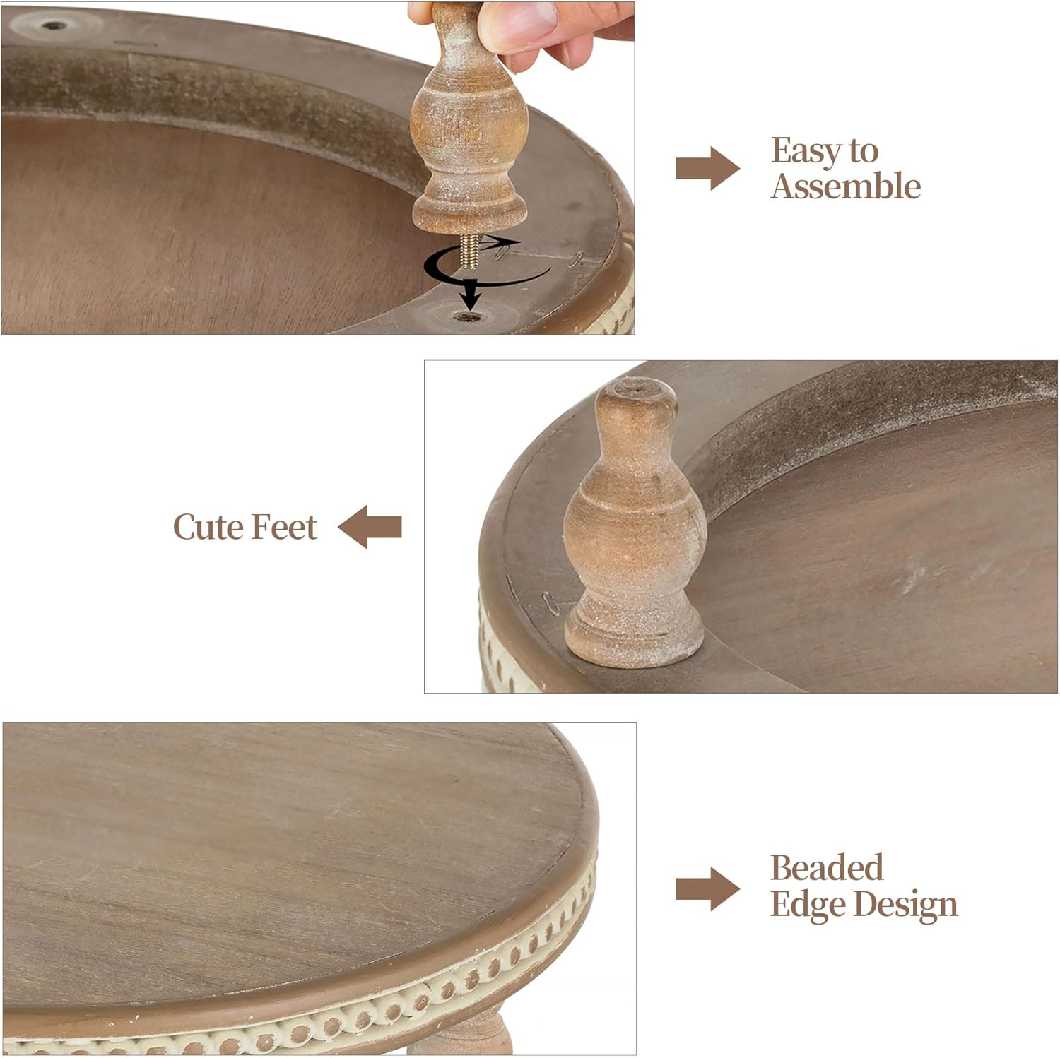 Hanobe Elevadores redondos de madera soporte de pedestal de madera con cuentas para decoración del hogar, bandejas decorativas marrones para