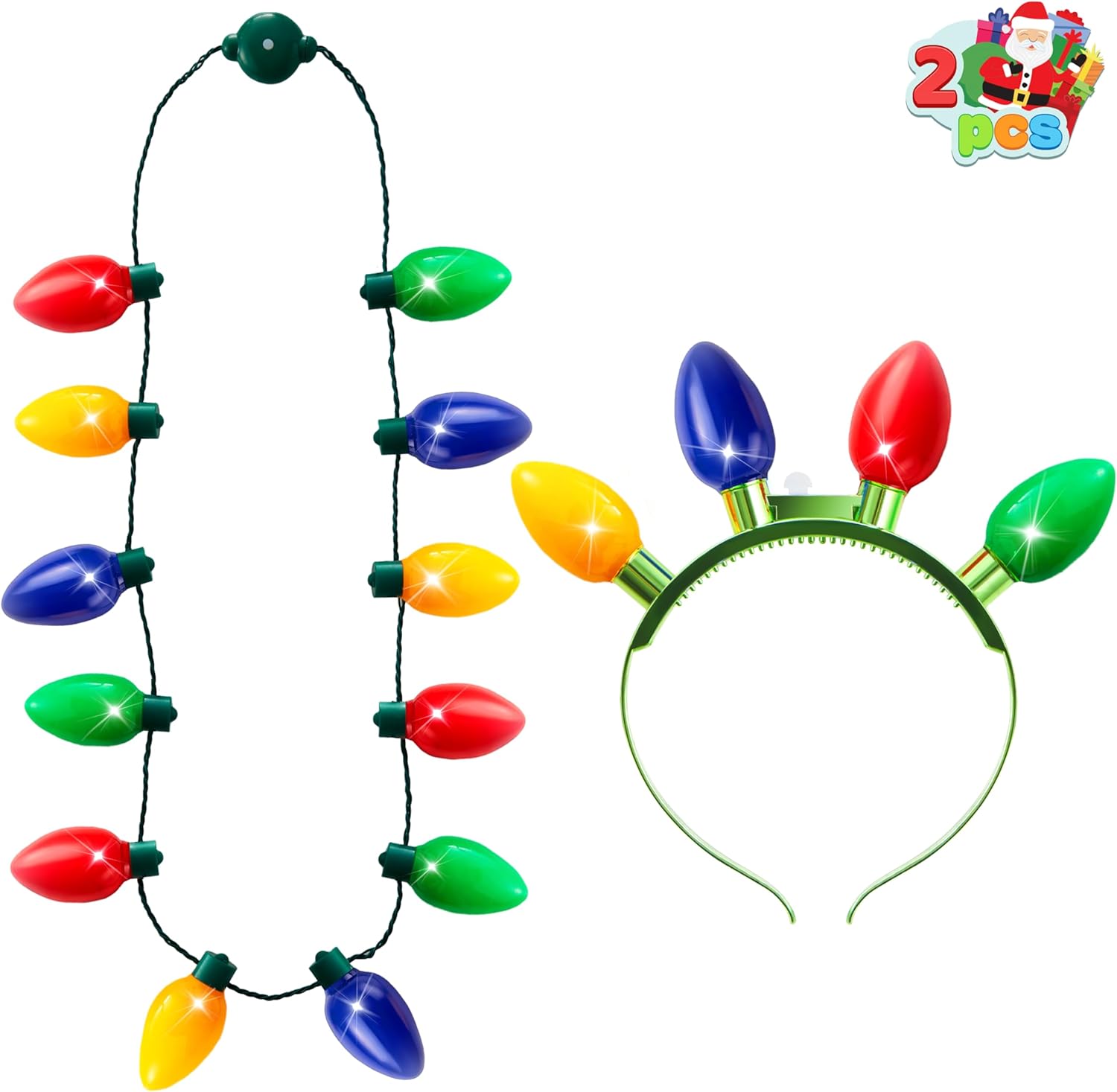 JOYIN Paquete de 2 accesorios de Navidad, collar de Navidad con 12 bombillas y diadema de Navidad con 4 bombillas, suministros de accesorios para