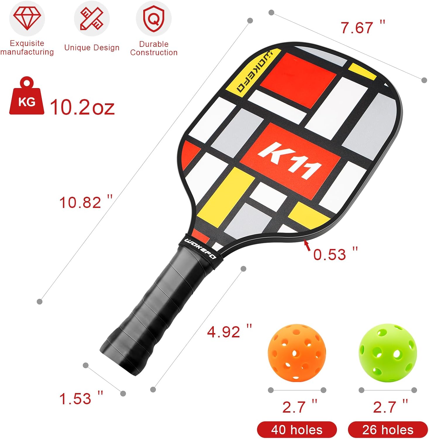 Juego de 4 palas de pickleball para interiores y exteriores, raquetas de pickleball de madera con agarre ergonómico amortiguador, 4 bolas de