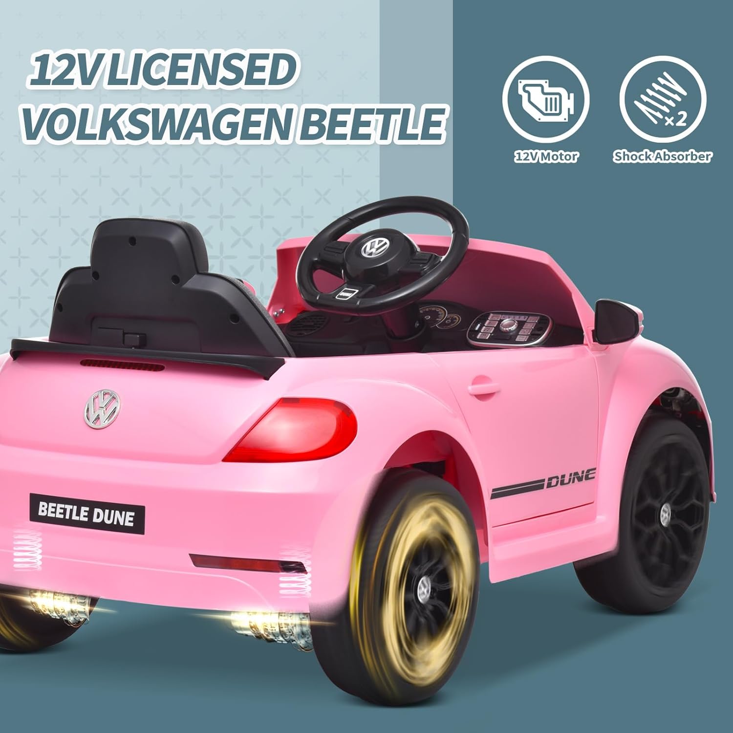 Joywhale Vehículo eléctrico de 12 V para niños, compatible con Volkswagen Beetle, con control remoto de 2.4 G, 3 velocidades, suspensión de resorte,