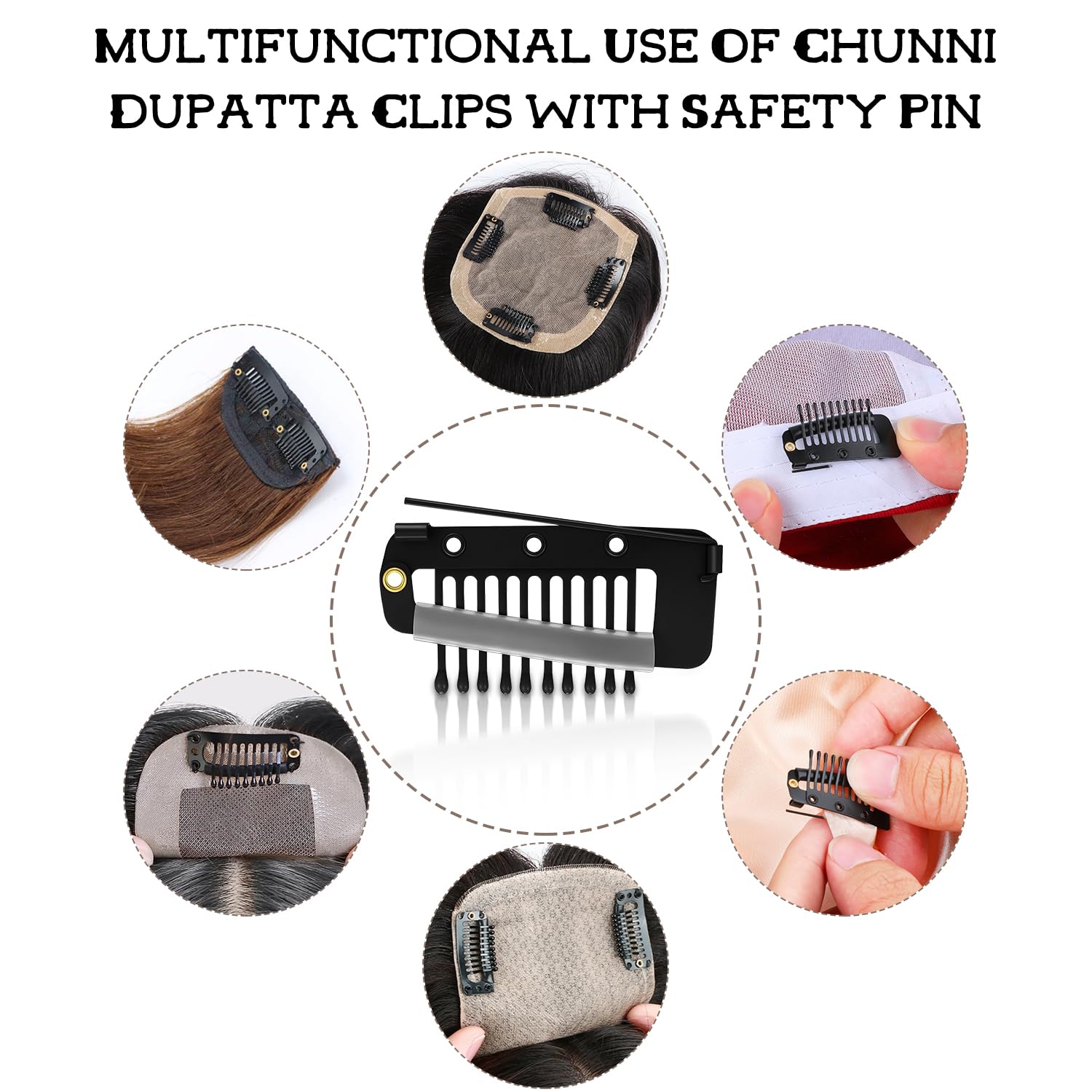 Chunni Dupatta Clips con pasador de seguridad, 10 dientes fuerte Chunni Grip Clip de pelo para extensiones de cabello, Duppatta Hack Hijab Tikka