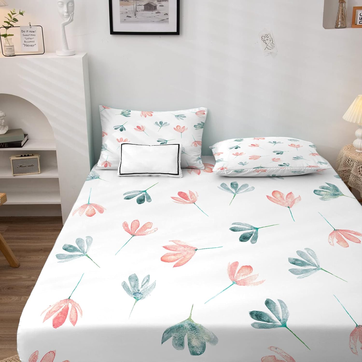 Juego de sábanas de flores tamaño Queen, sábanas botánicas florales, sábanas y fundas de almohada estampadas de 4 piezas, sábana bajera ajustable de