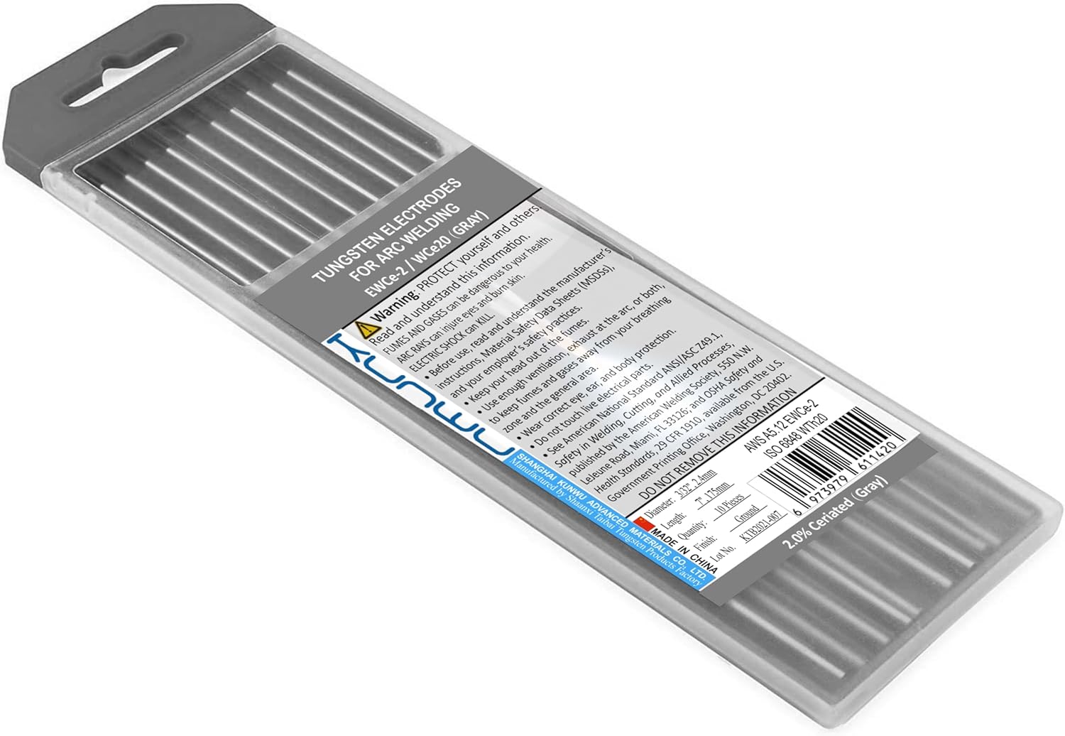 KUNWU Gris, EWCe20, 2.0% Ceriado Rod 116″ Paquete de 10 Varilla Ceriada TIG Electrodo de Tungsteno (116″x 7″)