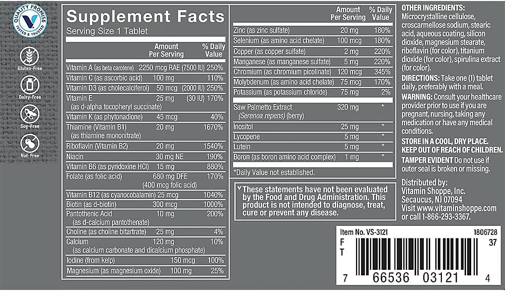 The Vitamin Shoppe One Daily Men’s 50+ Multivitamin, 2,000IU Vitamina D3 Multi-Mineral, Suplemento antioxidante que apoya la producción de energía,