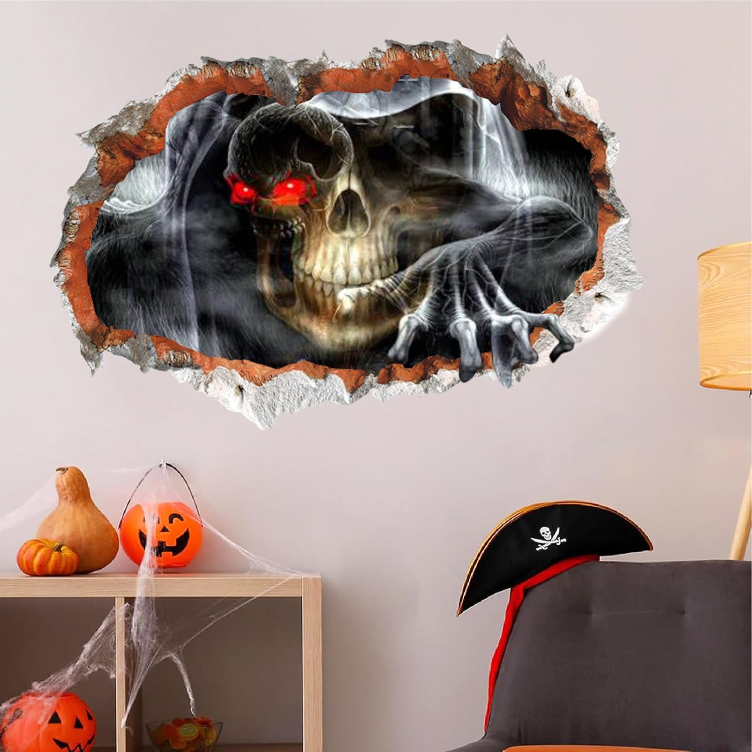 Lamkidle Calcomanías de pared de terror de Halloween, calcomanía de garra de fantasma, calcomanía 3D de romper paredes y calaveras, decoración