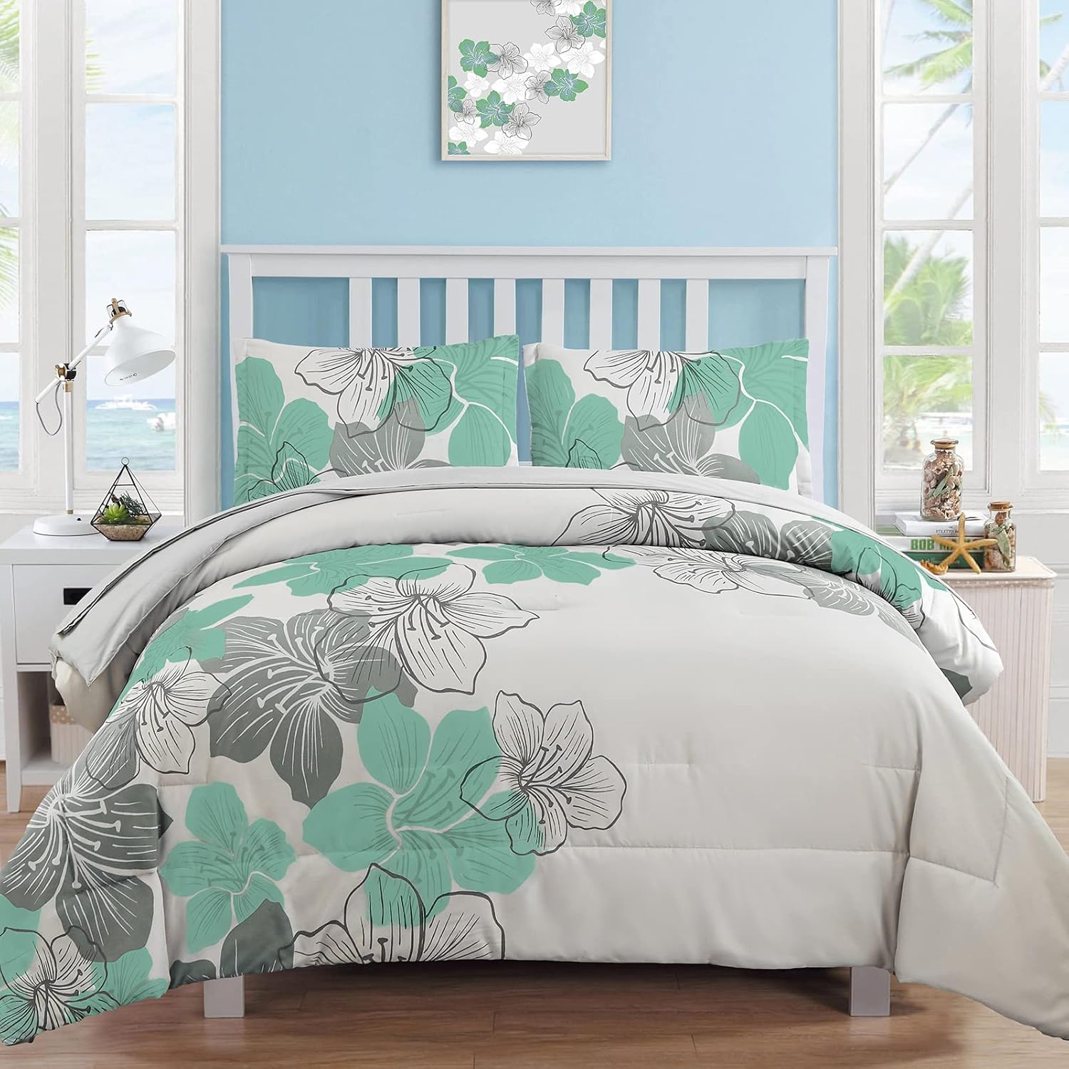 Luxudecor Juego de edredón floral tamaño King, edredón de microfibra suave con patrón floral verde, 7 piezas en una bolsa (1 edredón, 2 fundas de
