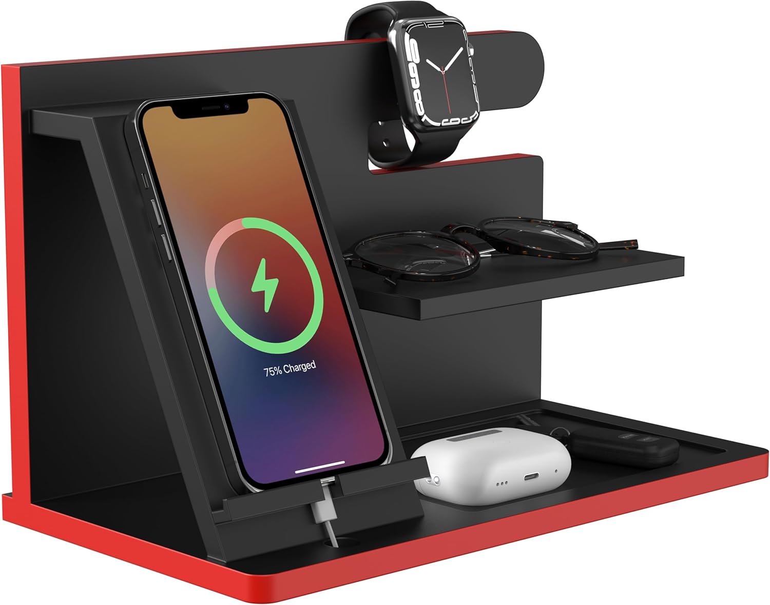 Estación de acoplamiento de madera para teléfono celular, soporte de reloj organizador de escritorio para hombres, estación de acoplamiento negra