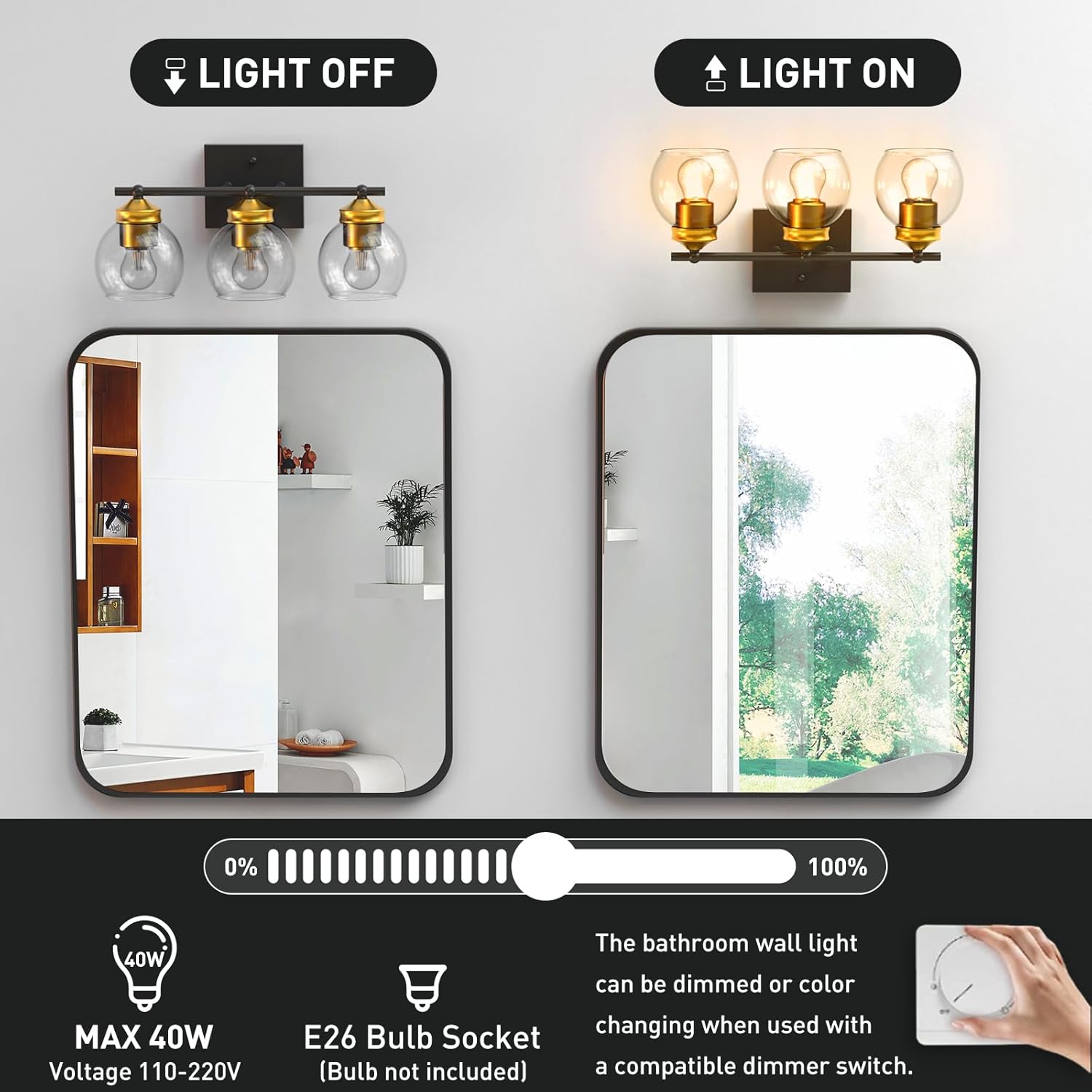 NIORSUN 3 lámparas de baño negras y doradas, lámparas de baño con pantalla de globo de vidrio transparente y base E26, luces de baño sobre espejo,