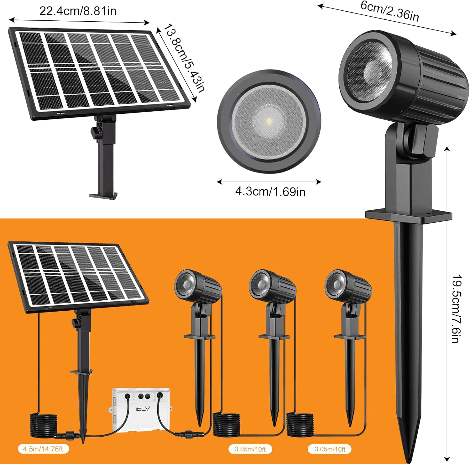 CLY Luces solares LED 3 en 1, IP66 impermeables para exteriores, 2 brillos de 3 colores, 6 V, 3 W, luces solares de encendido y apagado automático,