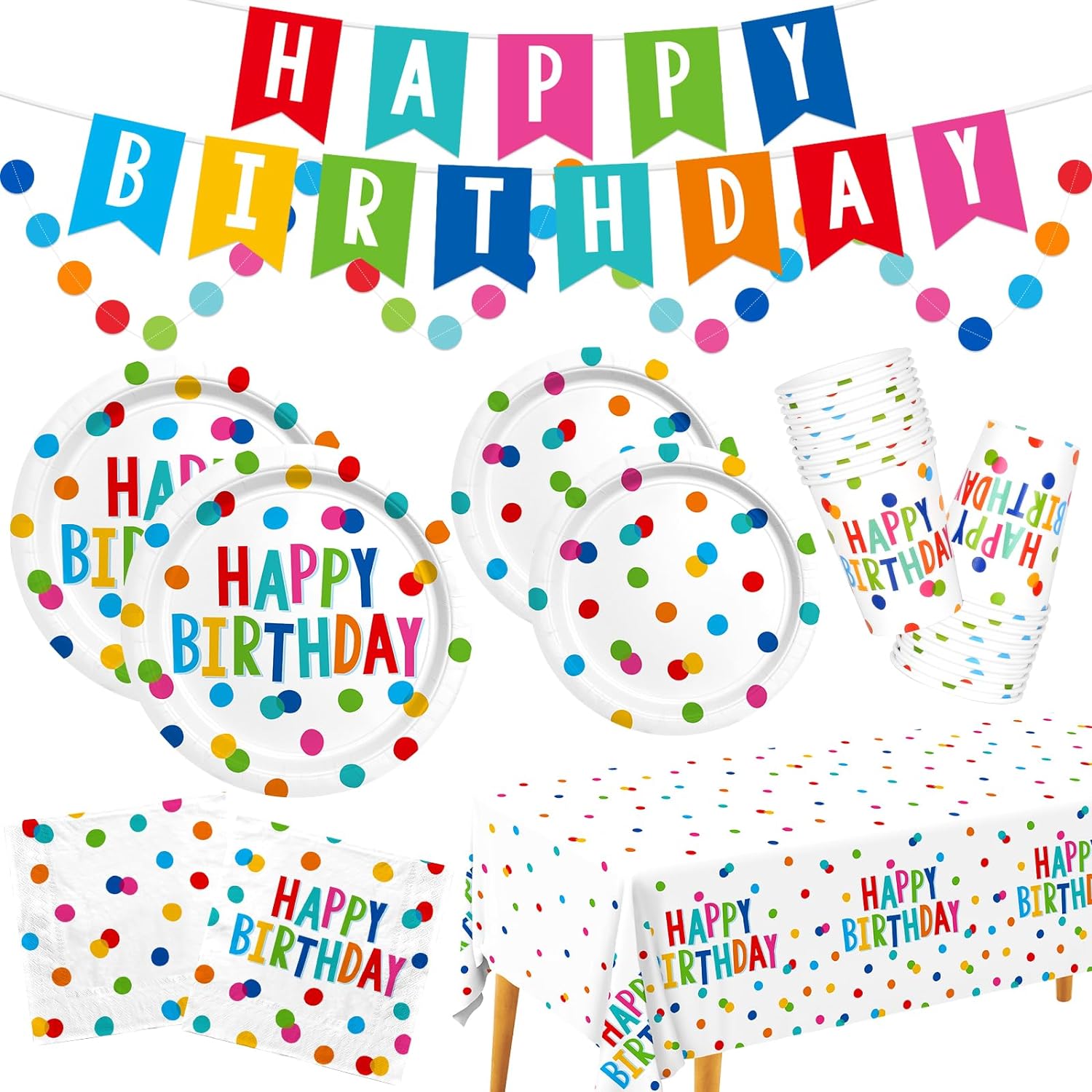 Decoraciones de feliz cumpleaños juego de suministros de fiesta de feliz cumpleaños con diseño de puntos de cumpleaños, incluye platos de cumpleaños