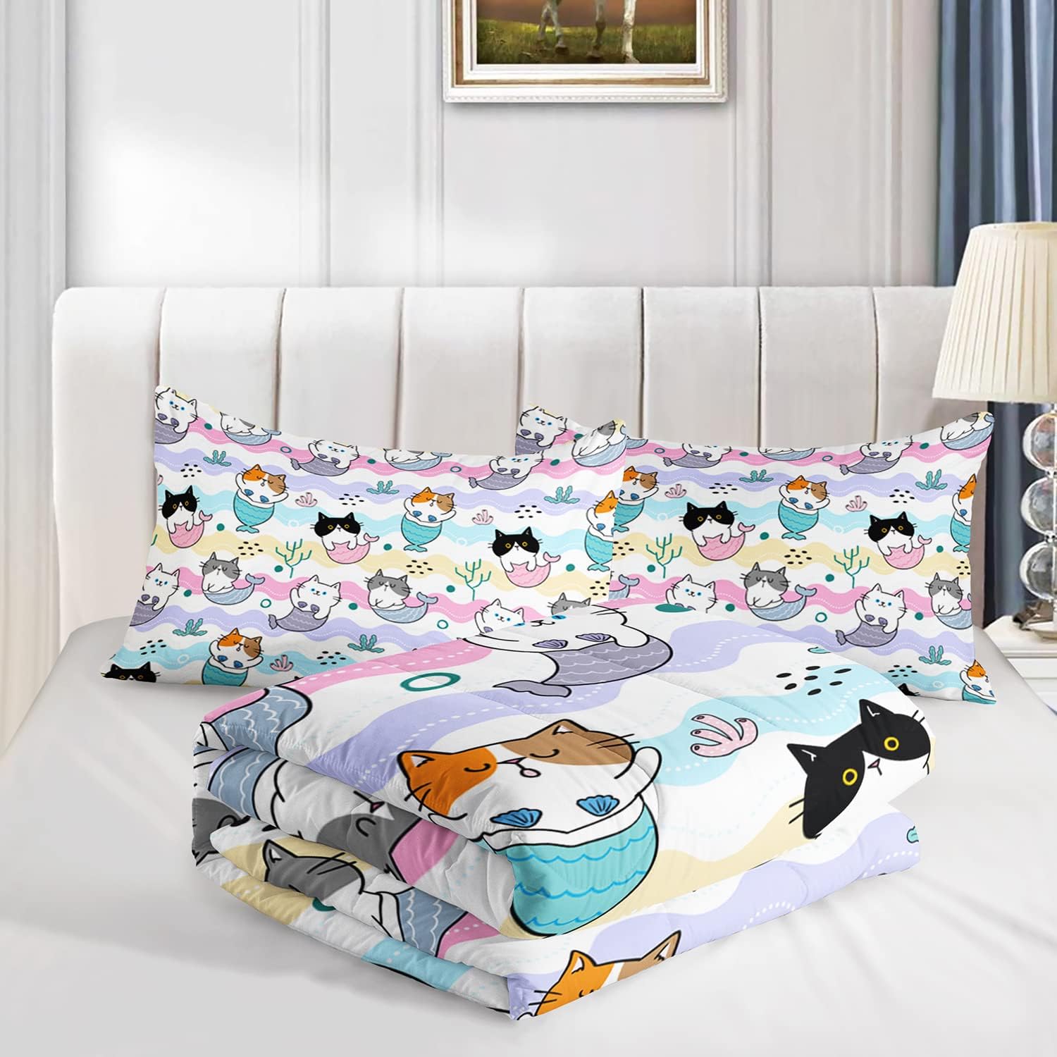 CVHOUSE Juego de edredón Kawaii de gato, tamaño individual, juego de ropa de cama Kawaii de dibujos animados para niños, lindo juego de edredón de