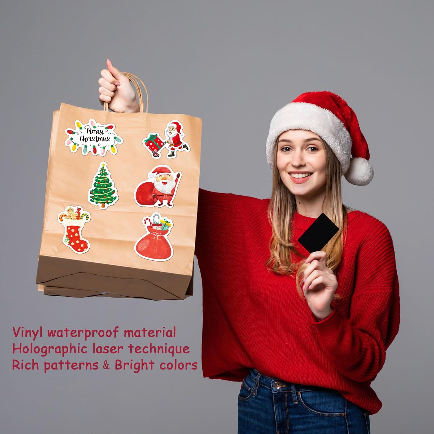 Calcomanías navideñas de Papá Noel, 50 unidades de vinilo kawaii impermeables para fiestas, regalos para tarjetas, botella de agua, guitarra,