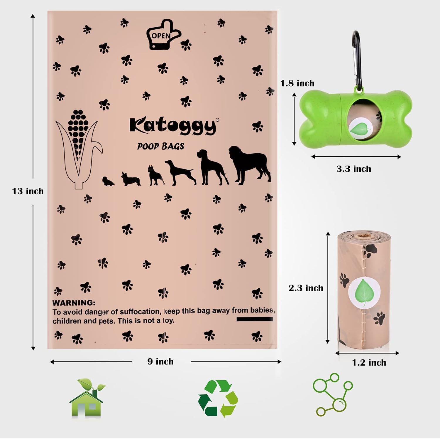 Katoggy Bolsas para excrementos de perro, 8 rollos, 120 unidades, 9 x 13 pulgadas con dispensador, extra gruesas, a prueba de fugas, bolsas