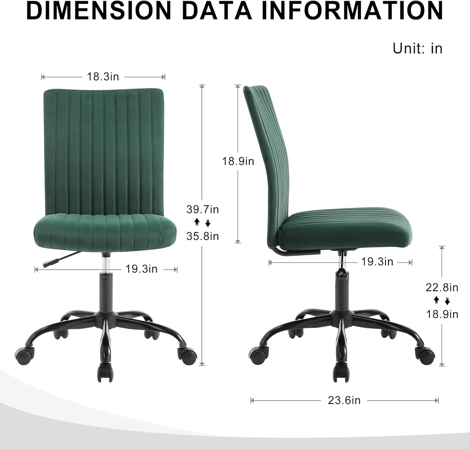 Silla de oficina sin brazos con ruedas, silla ergonómica de computadora de altura ajustable, silla de escritorio ejecutiva giratoria de 360 grados,