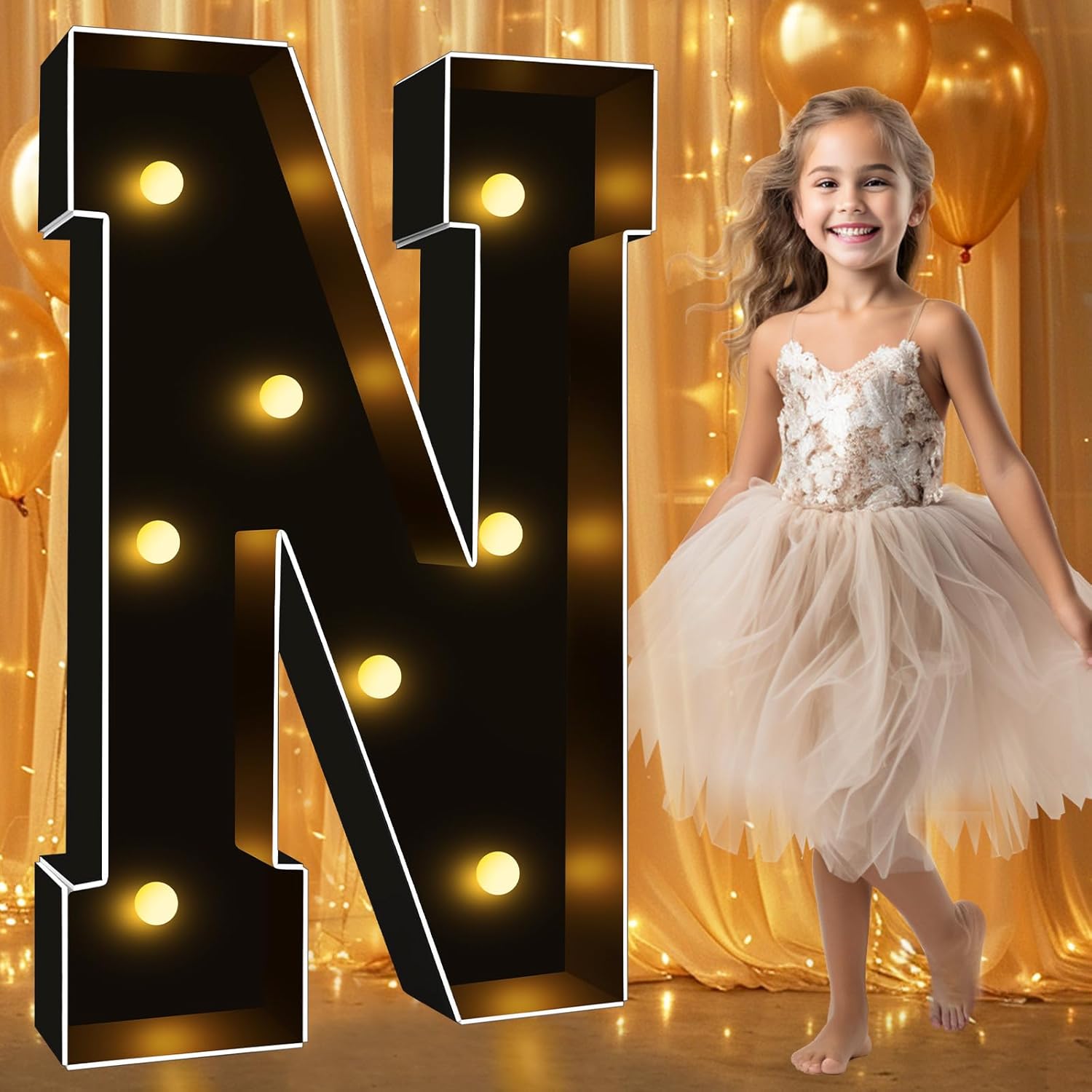 Pooqla Letras iluminadas de marquesina negra de 3 pies, letras de marquesina con luz LED grandes para decoración de fiestas, letras de mosaico