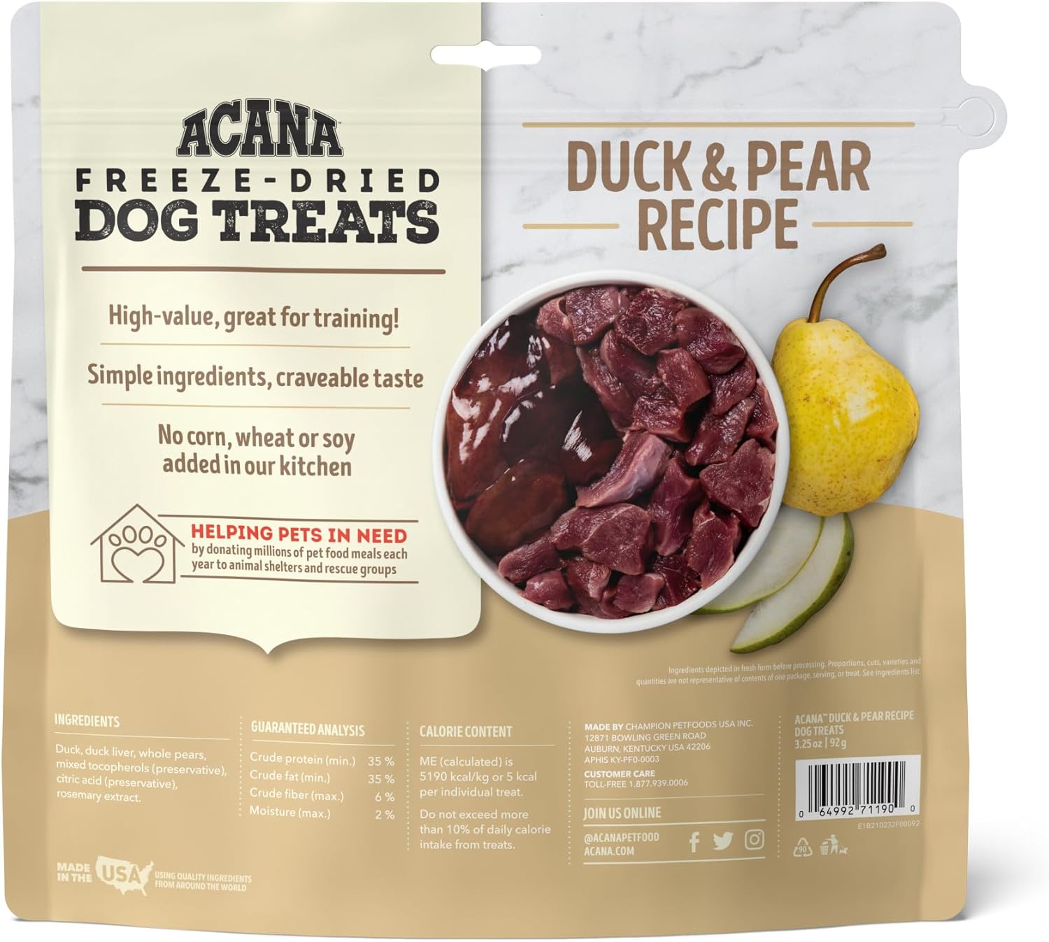 ACANA Singles – Golosinas liofilizadas para perros, receta de pato y pera sin granos de ingredientes limitados, 3.25 onzas