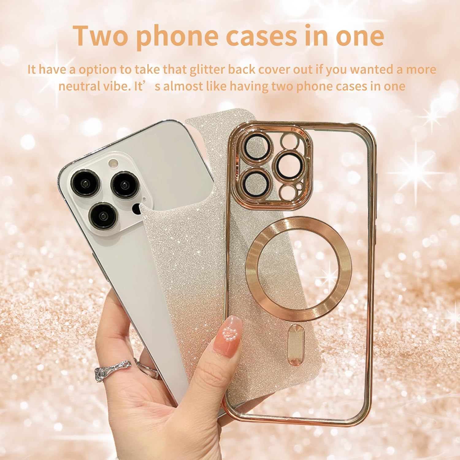 TURYXIA Funda magnética con purpurina para iPhone 15 Pro Max compatible con MagSafe, con protector de lente de cámara y correa de cordón, bonita